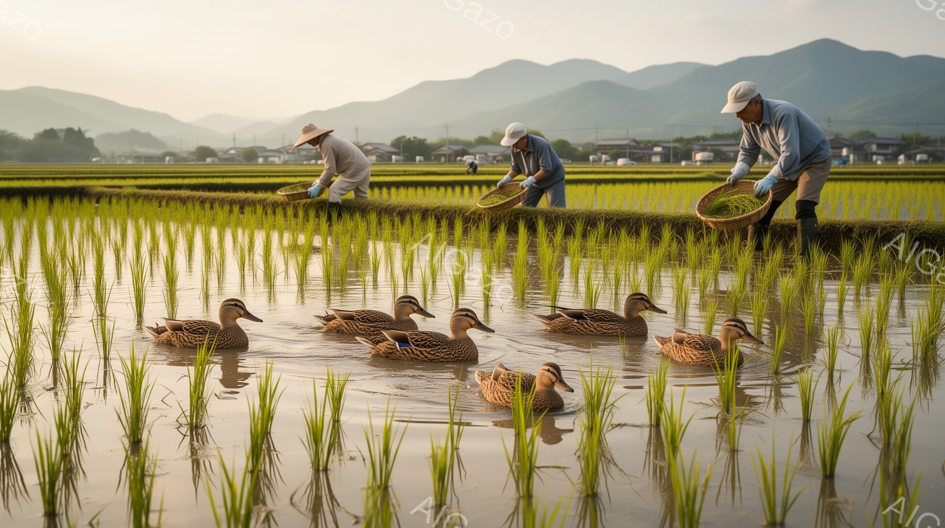 浅い水田でアヒルたちが泳ぎ、農家の人々が苗を植えている。農家の人々は麦わら帽子と長袖のシャツを着ており、集中して作業に取り組んでいる。背景には山々がぼんやりと見え、穏やかな夕暮れの雰囲気が漂う。 - AI生成フリー素材
