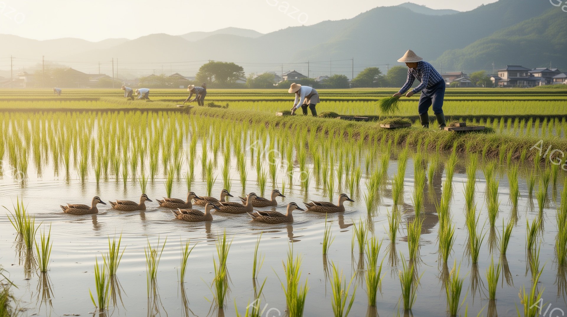 田んぼの中で人々が稲を刈り取っている。朝日が差し込み、水面は光を反射して輝いている。アヒルたちが一列になって泳ぎ、穏やかな田園風景が広がっている。