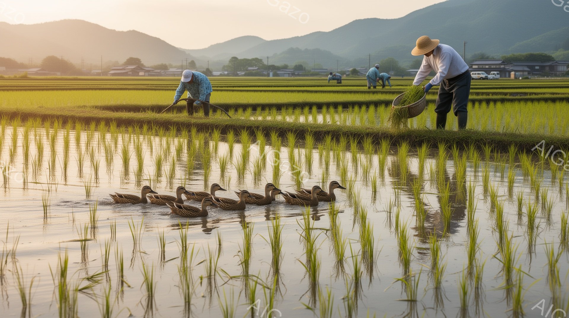 穏やかな朝、水田で作業する人々の姿が描かれています。人々は麦わら帽子をかぶり、緑豊かな田んぼの中でかがんだり、水を運んだりしています。その手前では、アヒルの親子が水面を静かに泳いでいます。
