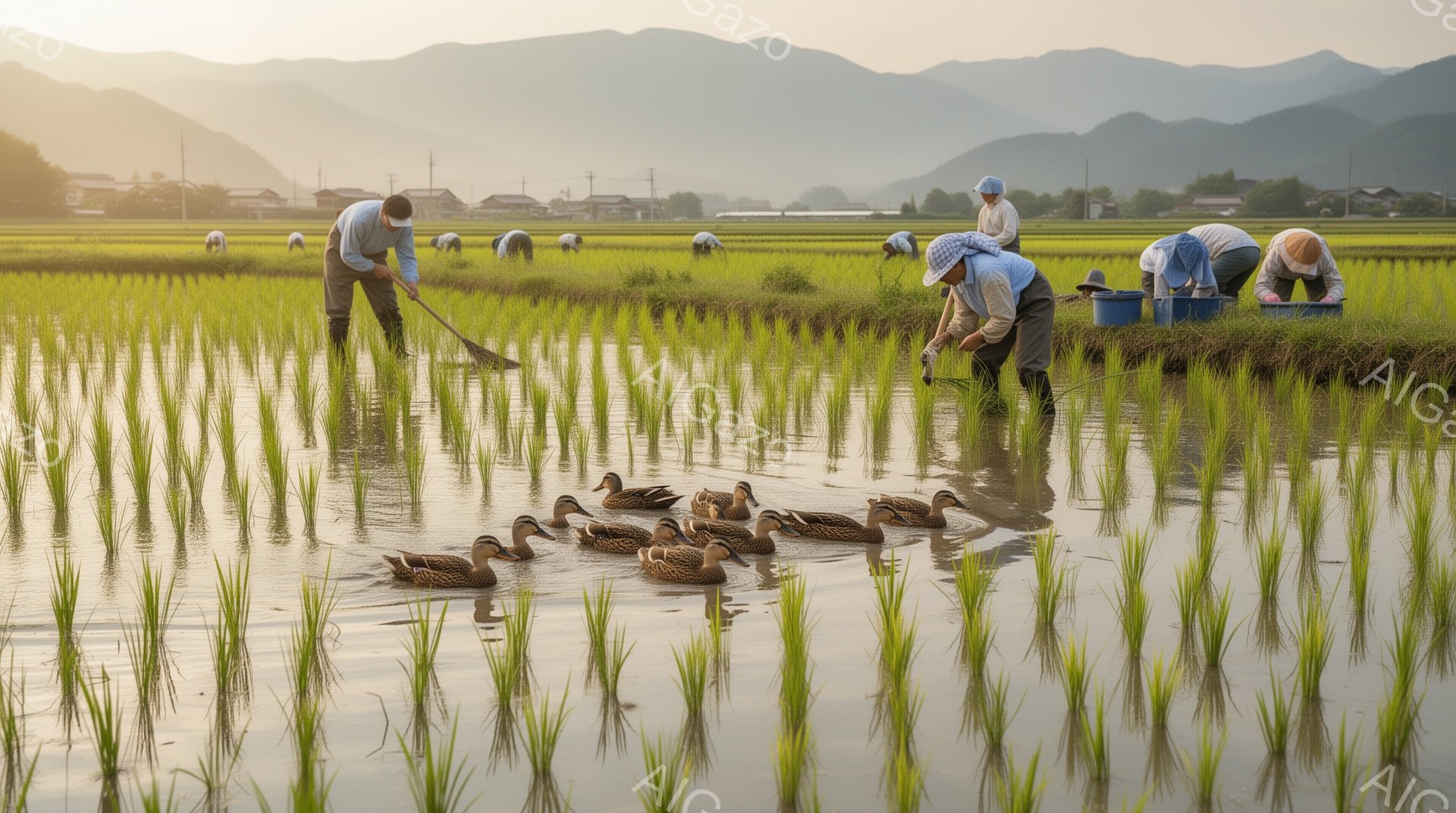 広大な田んぼで、人々が苗を植える作業をしている。朝日が水面に反射し、緑豊かな田園風景と人々の姿が穏やかな雰囲気を醸し出している。アヒルたちが水面を泳ぎ、自然と調和した様子が印象的だ。 - AI生成フリー素材