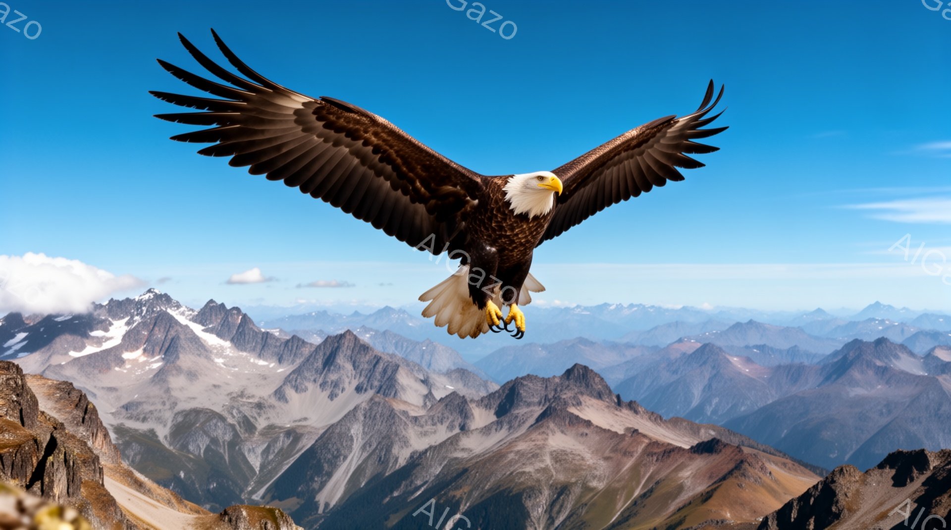 白頭鷲が雄大な山々の景色を背景に翼を広げ、力強く空を飛んでいる。鮮やかな青空と雪を抱く山々のコントラストが、この瞬間をより印象的にしている。自然の力強さと美しさが凝縮された、迫力満点の光景である。 - AI生成フリー素材