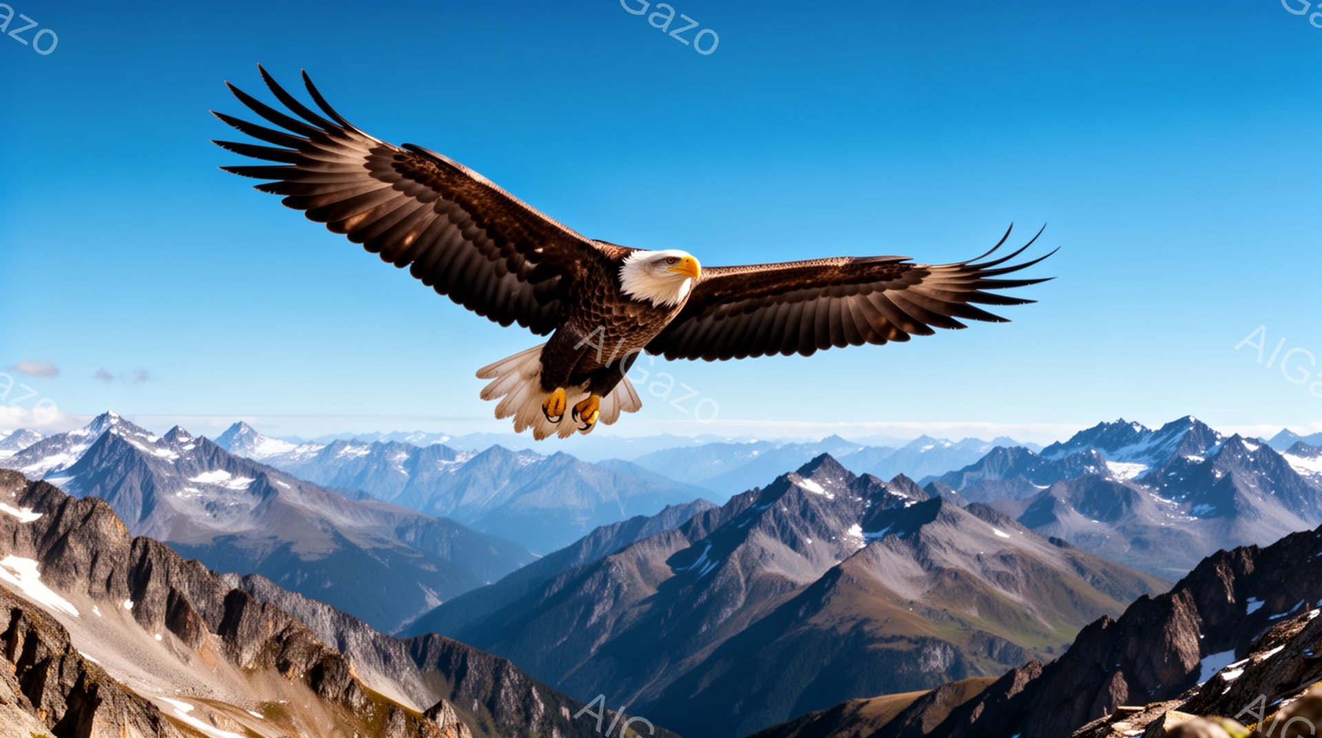 広大な山々の上を、翼を広げたワシが力強く飛んでいる。青空と雪を抱いた山々の背景が、ワシの雄大さを際立たせている。雄大な自然の風景が広がり、自由と力強さを感じさせる。 - AI生成フリー素材
