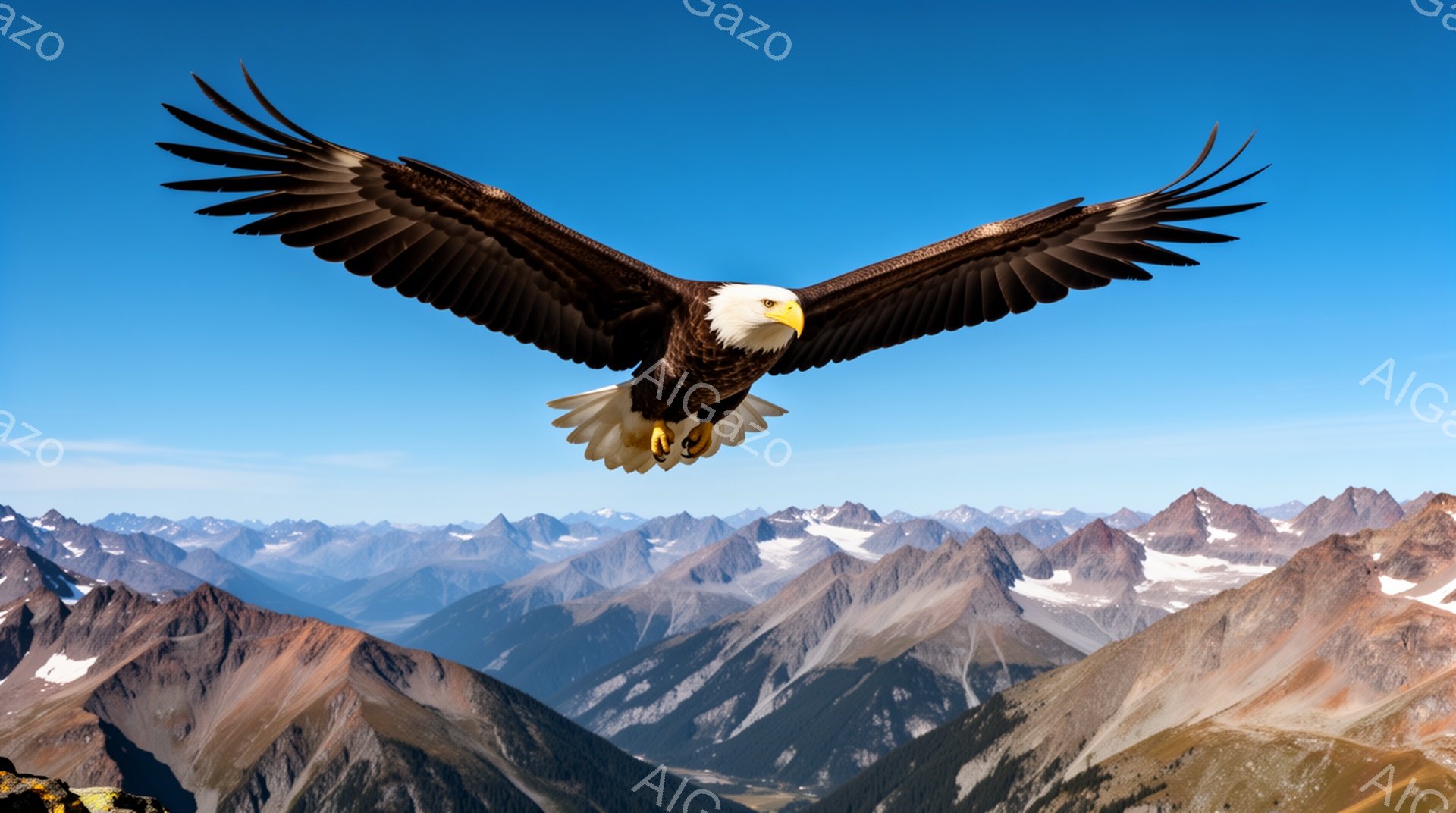 雄大な山々の背景を前に、翼を広げたアメリカワシが飛行している。ワシは鮮やかな青い空を背景に、力強く、堂々と飛んでいる姿が印象的だ。山々の険しさとのコントラストが、自然の力強さを際立たせている。