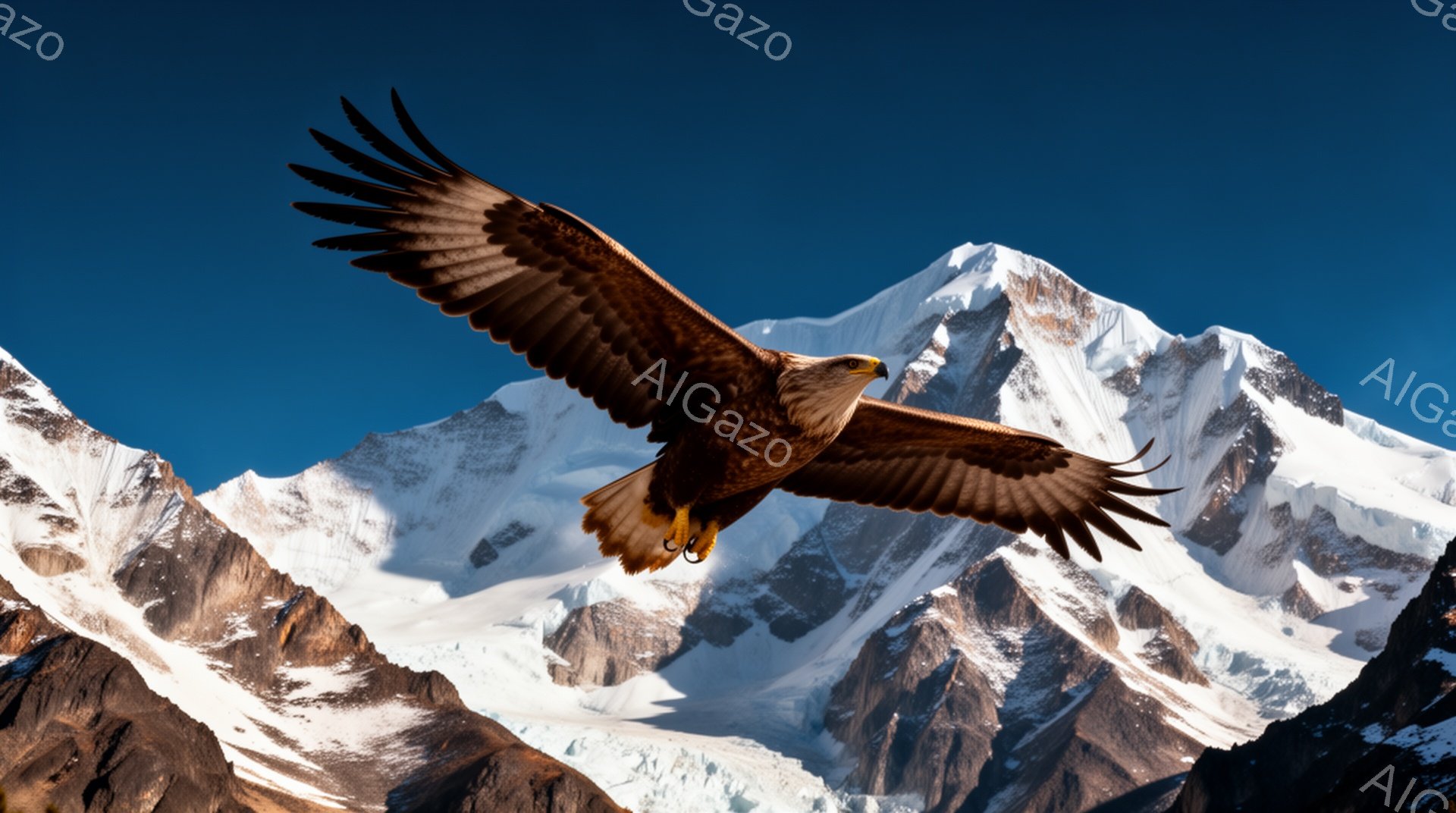 険しい山々の背景に、翼を広げた巨大なワシが力強く飛んでいる。青空と雪山が対照的で、ワシの茶色の羽が際立っている。このシーンは、自然の雄大さとワシの自由な飛行を強調している。 - AI生成フリー素材