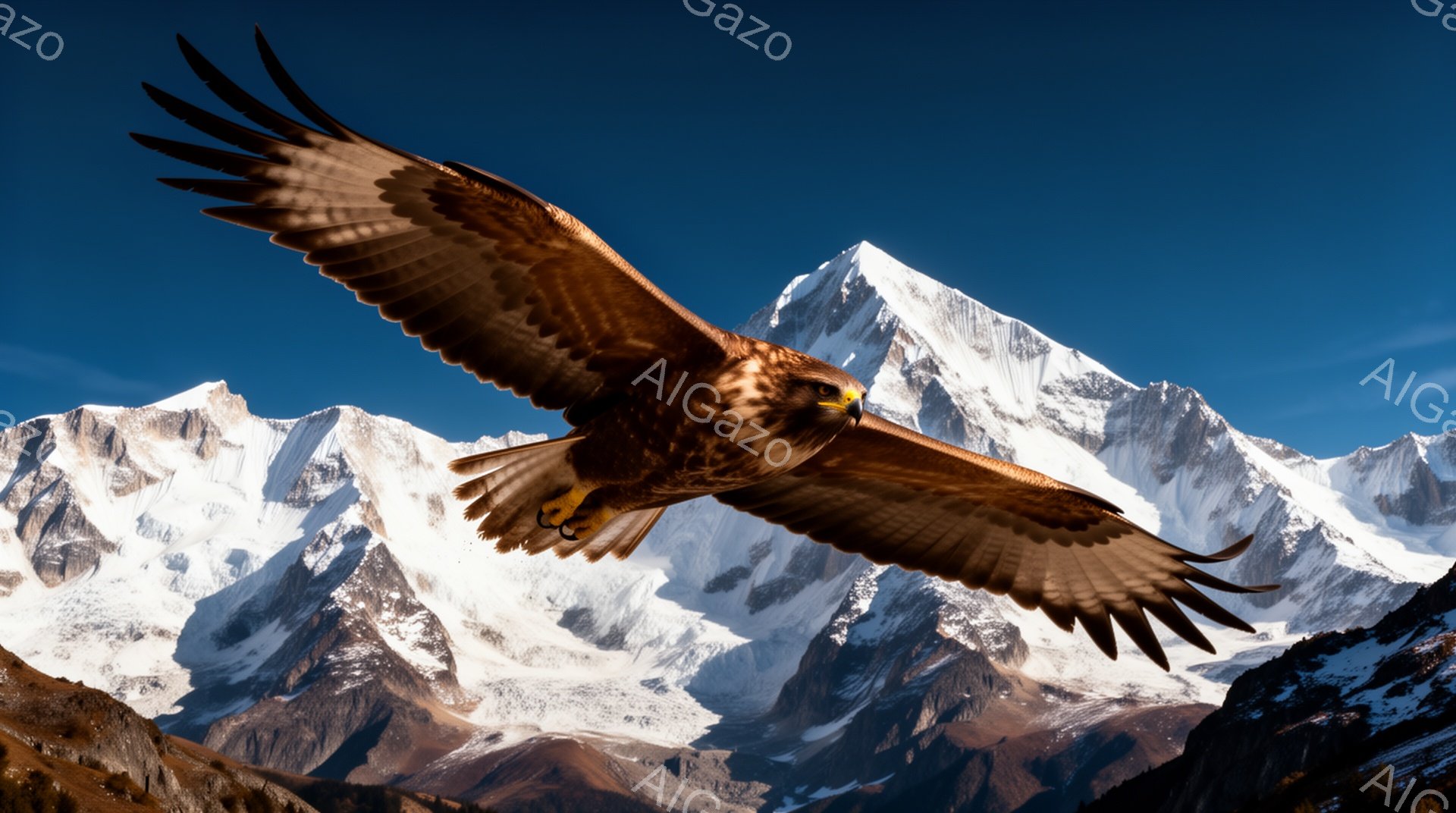 雪を抱く山々を背景に、翼を広げた巨大な猛禽類が空を舞っている。羽は広がり、力強く空を切り裂く姿は、自然の力強さと自由を象徴している。青い空と白い山々とのコントラストが鮮やかで、壮大な景色を作り出してい - AI生成フリー素材