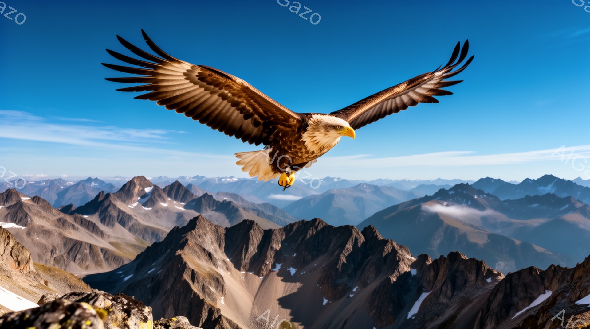 険しい山々の背景に、翼を広げた巨大なワシが飛び立つ姿が捉えられています。青空と雪を抱いた山々が、ワシの力強い飛行を強調し、雄大な自然の風景が広がっています。ワシの鋭い眼差しと、力強い爪が印象的です。 - AI生成フリー素材