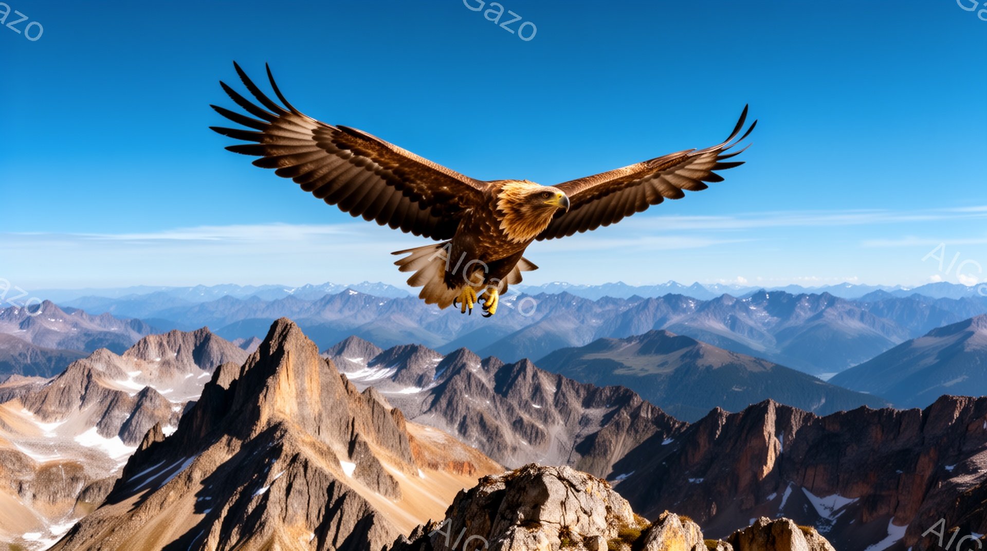 広大な山岳地帯の上空を、翼を広げた巨大なワシが力強く飛翔している。山々は険しく、雪を抱き、背景の空は鮮やかな青色で、力強い自然の風景を強調している。ワシの鋭い眼差しと力強い羽ばたきは、野生の美しさと自 - AI生成フリー素材