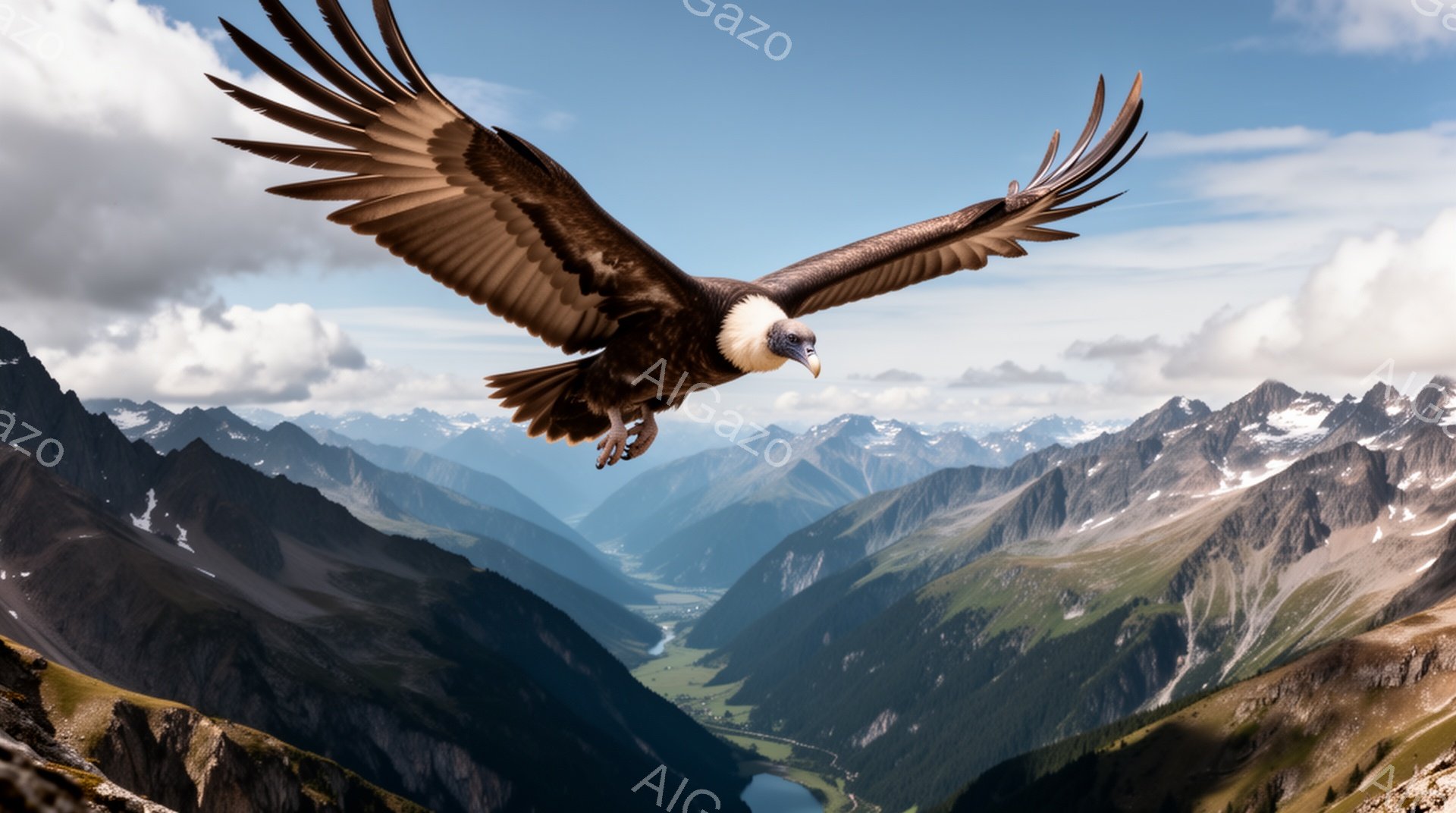 岩の多い山々の上空を、翼を大きく広げた白頭ハゲワシが力強く飛んでいる。背景には、緑の谷と遠くに見える雪山が広がり、壮大な自然の風景が広がる。空は青く、雲が浮かび、そのコントラストが印象的だ。 - AI生成フリー素材