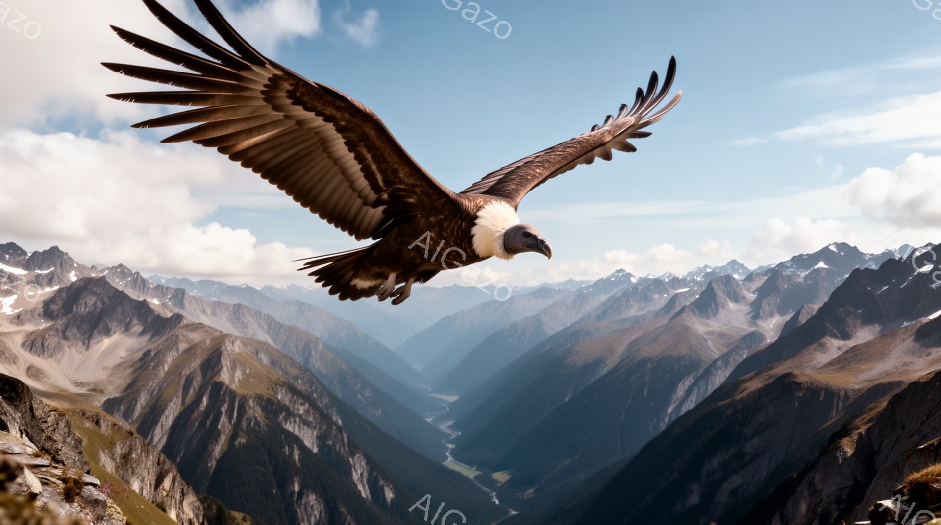 険しい山岳地帯を背景に、翼を大きく広げたハゲワシが空を飛んでいる。谷間の緑と雪を抱いた山々のコントラストが印象的で、大自然の力強さと静寂さを感じさせる。太陽光がハゲワシの羽を照らし、そのシルエットを際 - AI生成フリー素材