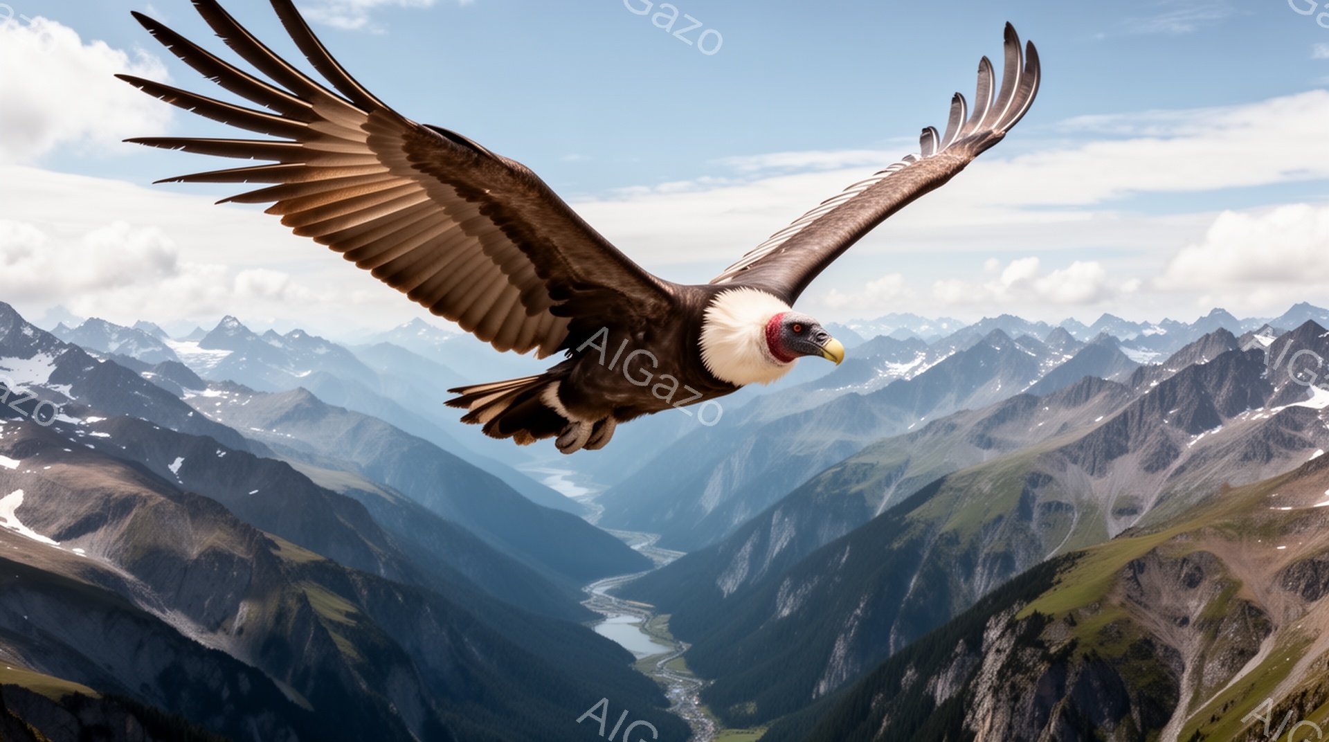 険しい山岳地帯の上空を、翼を広げた巨大なハゲワシが飛んでいる。深い谷と雪を抱いた山々の壮大な景色が背景に広がり、自然の力強さを感じさせる。鮮やかな青空と白い雲が、そのドラマチックな光景をさらに引き立てている。