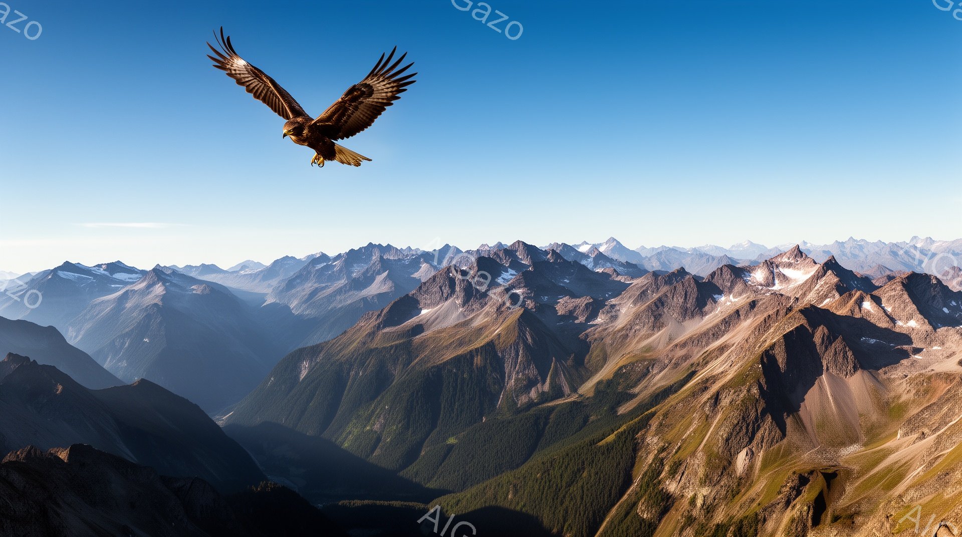広大な山脈を背景に、翼を広げたワシが空を飛んでいる。山々は緑と岩で構成され、遠くには雪を頂いた山々が見える。澄んだ青空と山々のコントラストが、雄大で美しい自然の風景を作り出している。 - AI生成フリー素材