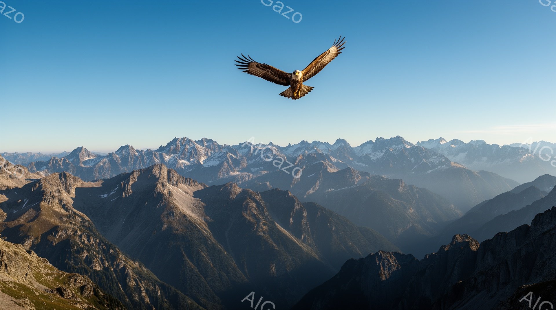 青々とした山々が連なり、その上空を翼を広げた鳥が飛んでいる。朝日の光が山肌を照らし、神秘的な雰囲気を醸し出している。遠くには霞が立ち込め、壮大な自然の風景が広がる。