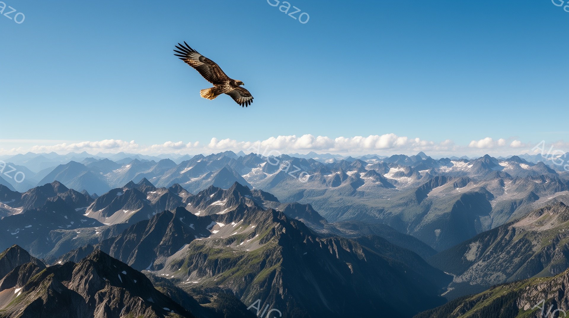 青空の下、険しい山々が連なり、雄大な自然が広がっている。その中で、翼を広げたワシが力強く飛び、壮大な風景に溶け込んでいる。雲と山のコントラストが美しく、見る者を圧倒するような景色だ。 - AI生成フリー素材