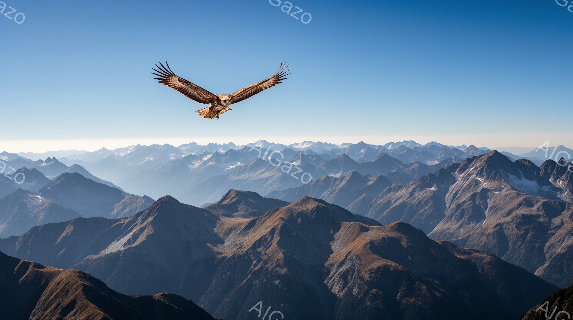 空高く、翼を広げた猛禽類が飛び去る姿が捉えられています。背景には連なる山々が霞んで見え、壮大な自然の風景が広がっています。青空と山々のコントラストが印象的で、力強い生命力を感じさせます。 - AI生成フリー素材