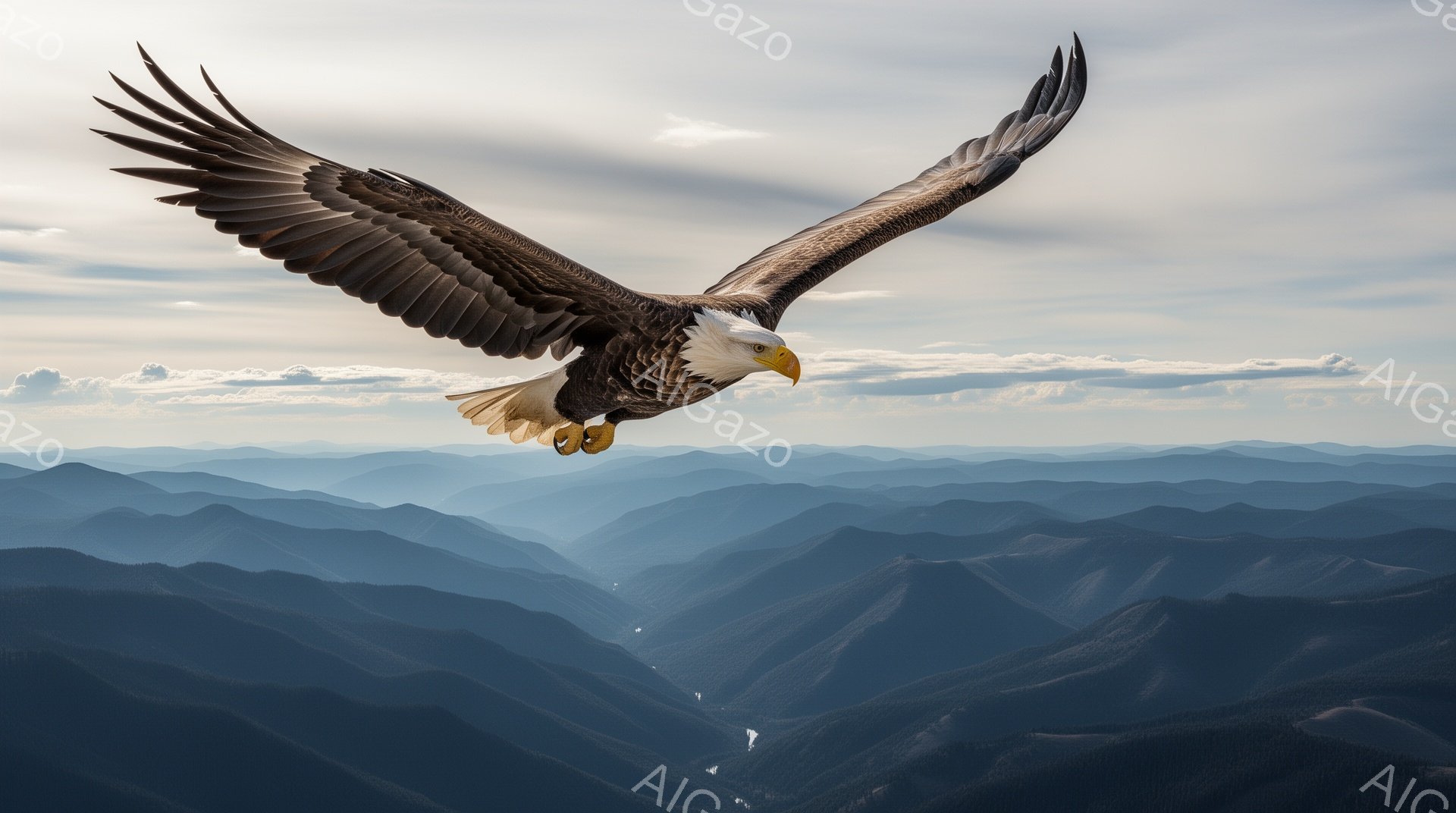 広大な山々の風景を背景に、翼を広げたアメリカハゲワシが力強く飛んでいる。鮮明な青い空と緑の山々が、この鳥の雄大さを引き立てている。その姿は自由と力強さの象徴であり、自然の美しさを感じさせる。 - AI生成フリー素材