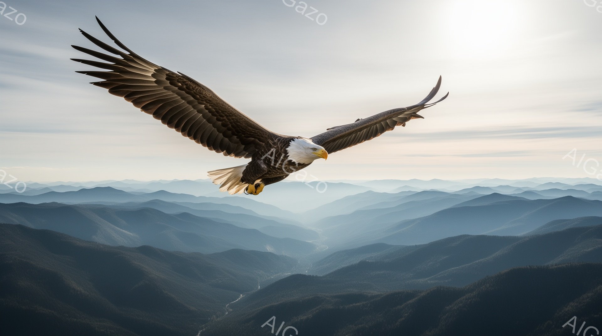 広大な山岳地帯の上を、アメリカワシが翼を広げて力強く飛んでいる。谷間には霧が立ち込め、朝日が差し込み、荘厳な雰囲気を醸し出している。ワシの鋭い眼差しと力強い羽ばたきが、自然の力強さを象徴している。