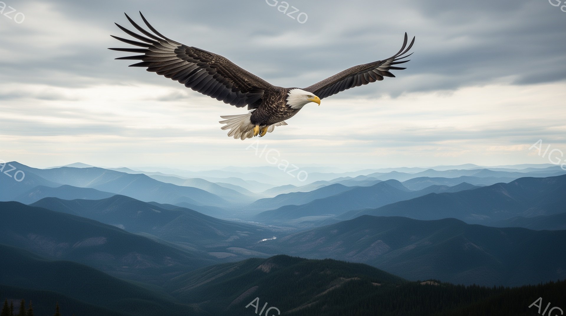 雄大な山々の連なりを背景に、翼を大きく広げたハクトウワシが力強く飛翔している。霧がかった山並みと鮮やかなワシのコントラストが印象的で、自由で壮大な雰囲気が漂う。その姿は、自然の力強さと美しさを象徴して - AI生成フリー素材