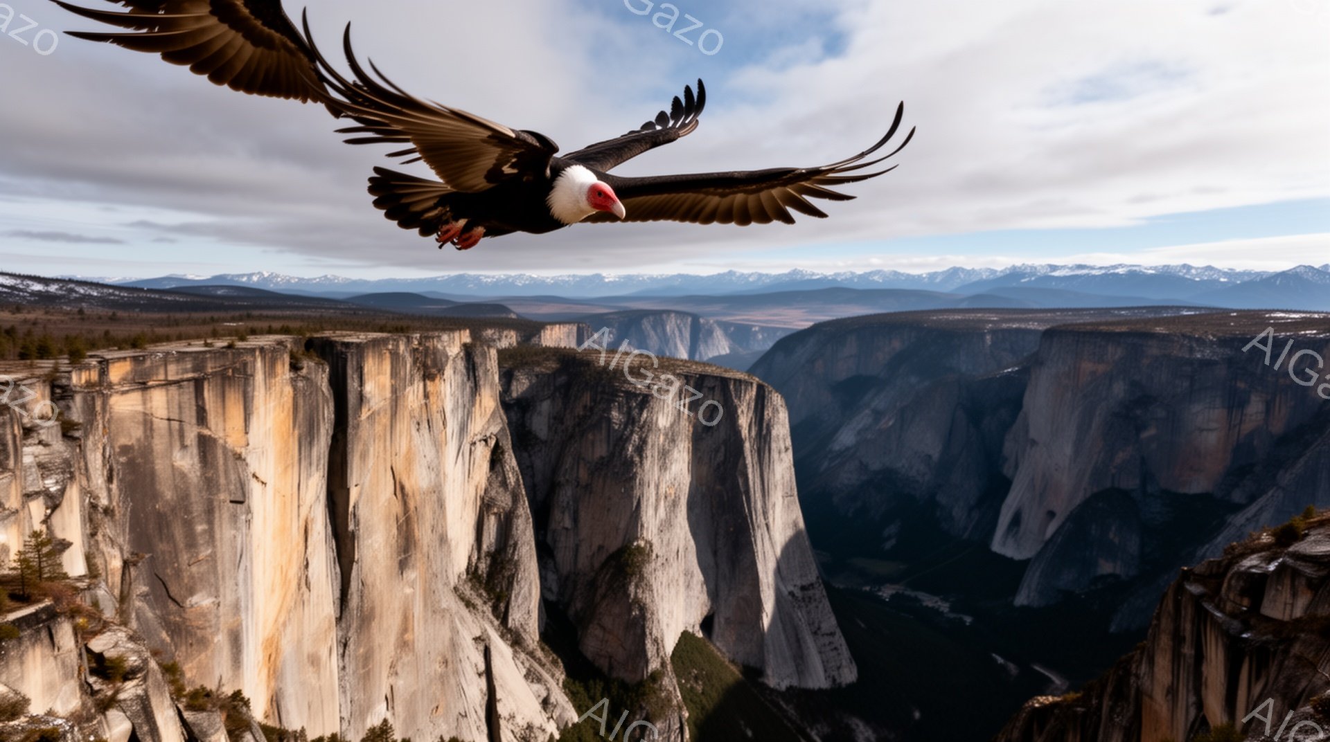 ヨセミテ国立公園の巨大な花崗岩の崖がそびえ立ち、眼下に深い谷が広がる。翼を広げたハゲワシが崖の上空を舞い、荘厳な自然の風景と野生動物の力強さを際立たせている。空は曇り空で、冬の静寂な雰囲気を醸し出して - AI生成フリー素材