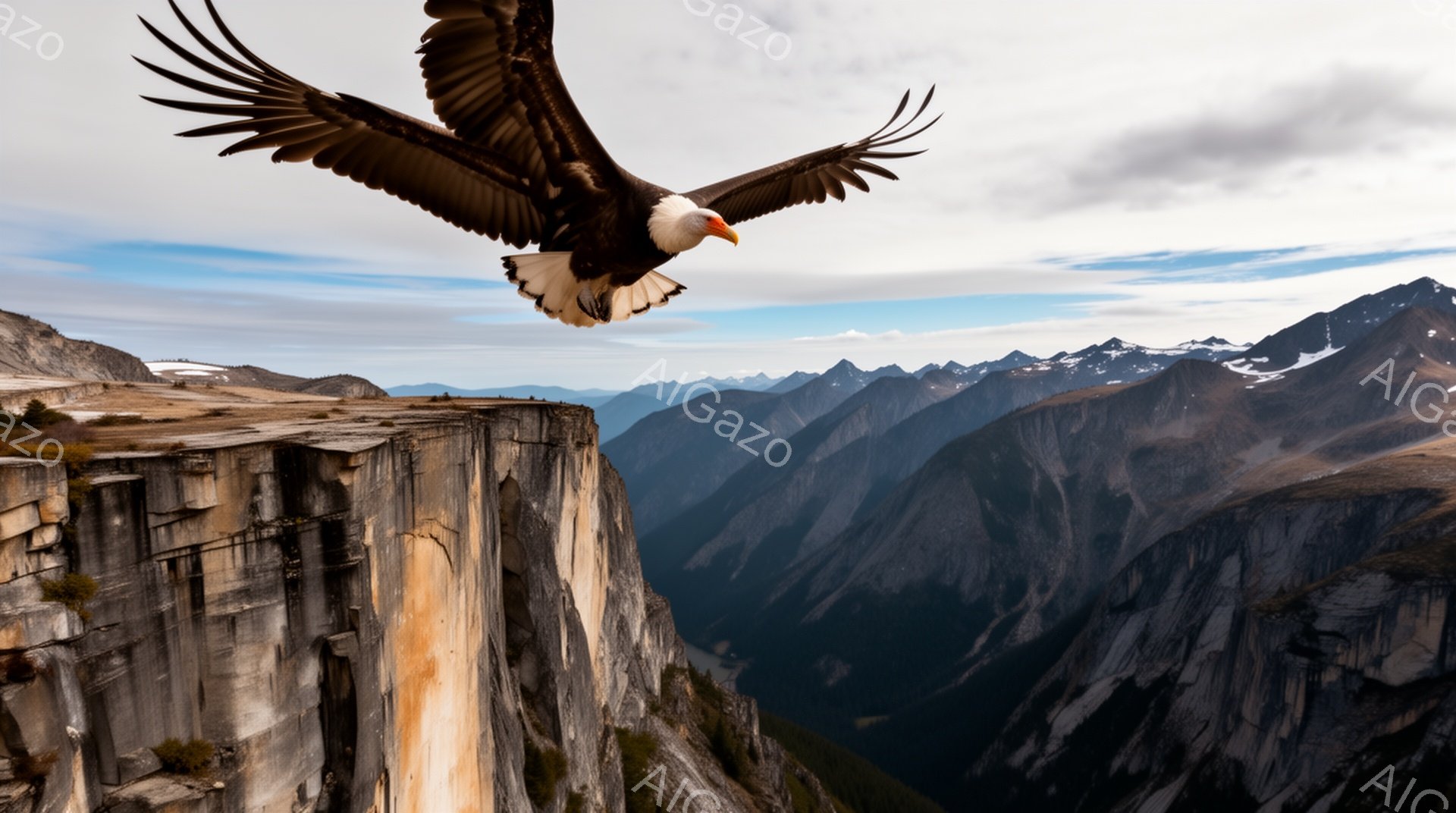 巨大な岩壁の崖の上を、翼を広げたハクトウワシが力強く飛んでいる。背景には、緑豊かな山々と深い渓谷が広がり、自然の壮大さを強調している。空は雲に覆われ、神秘的な雰囲気を醸し出している。 - AI生成フリー素材