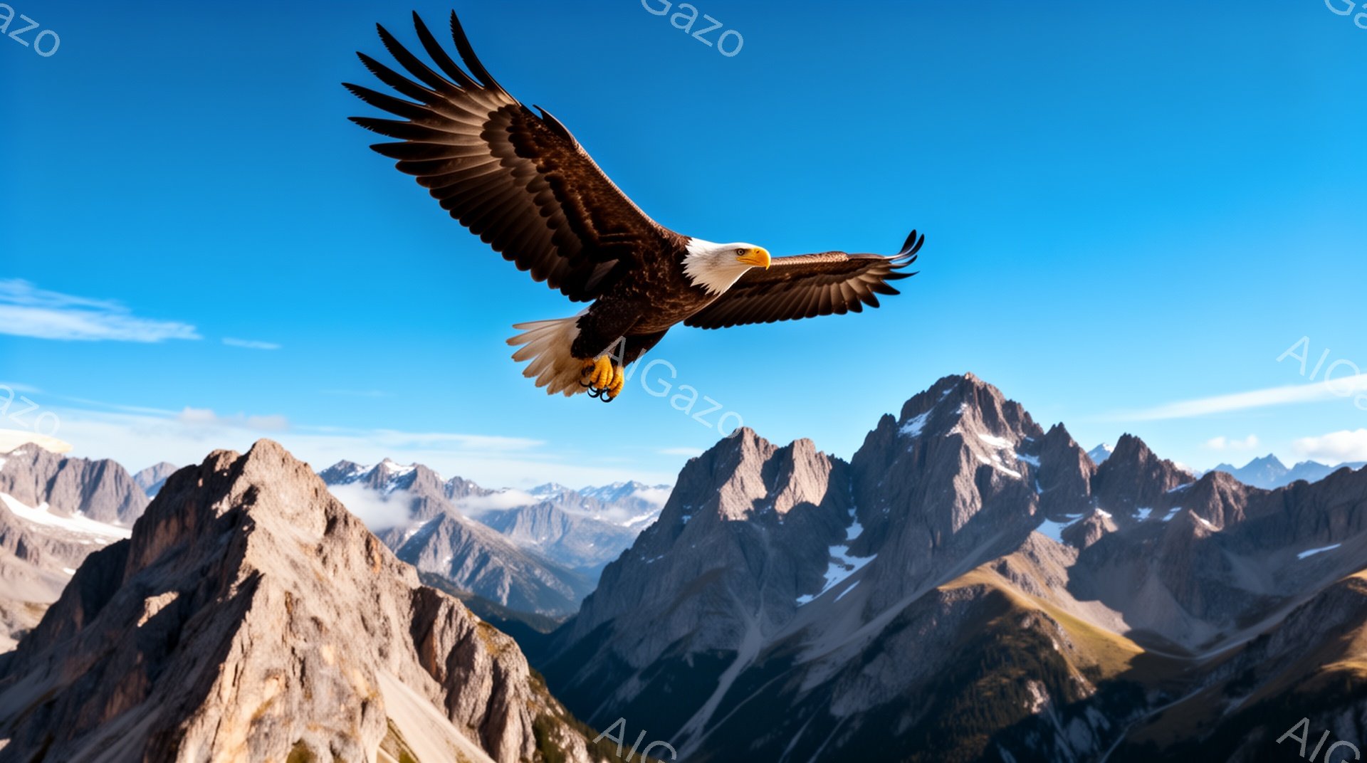 雄大な山々の風景を背景に、広げた翼で空を舞うアメリカワシが印象的です。青い空と雪を抱いた山々とのコントラストが美しく、力強く自由なワシの姿が目に焼き付く一枚です。自然の壮大さとワシの威厳が伝わってくる - AI生成フリー素材