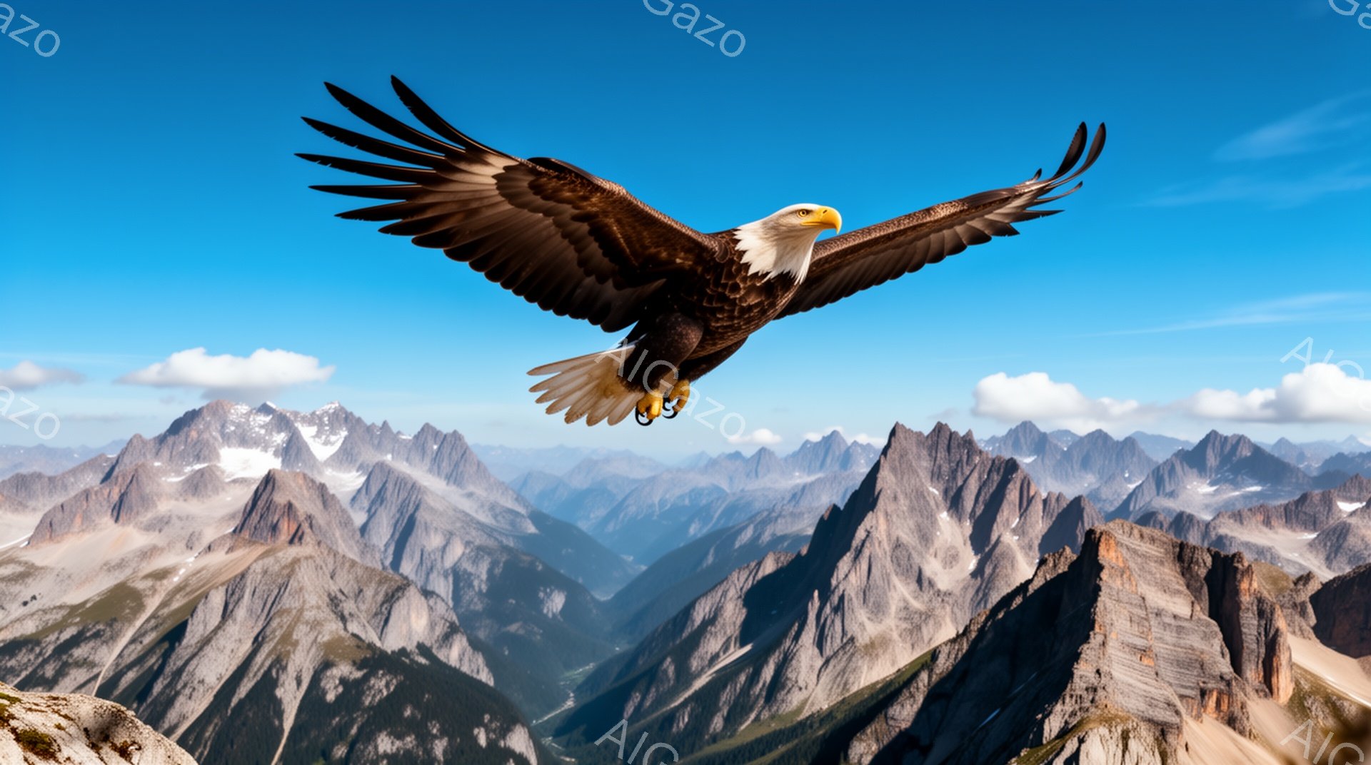 広大な山々の上を舞う、翼を広げたワシが印象的な光景です。青空を背景に、山々の稜線が連なり、力強く飛ぶワシとのコントラストが美しいです。自然の雄大さとワシの自由な姿が感じられます。 - AI生成フリー素材