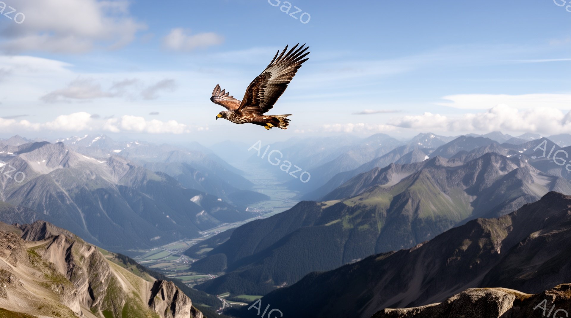 雄大な山々を背景に、翼を広げた猛禽類が空を舞っている。谷には緑豊かな風景が広がり、遠くには霞んだ山々が連なっている。空は青く、雲が浮かび、自然の壮大さを感じさせる。 - AI生成フリー素材