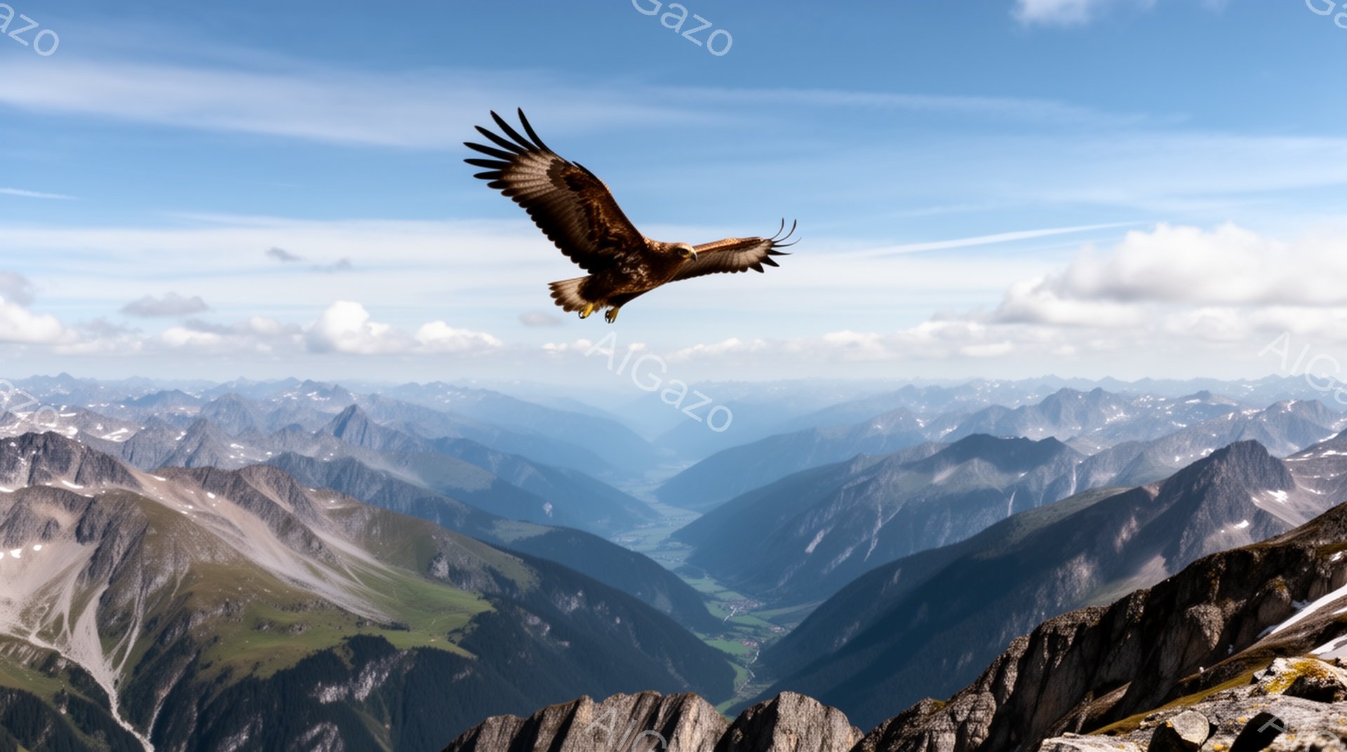 広大な山岳地帯を背景に、翼を広げた猛禽類が飛んでいる。険しい岩肌と緑豊かな谷が広がり、青空と白い雲が美しいコントラストを描いている。力強く飛ぶ鳥の姿は、自然の雄大さを感じさせる。 - AI生成フリー素材