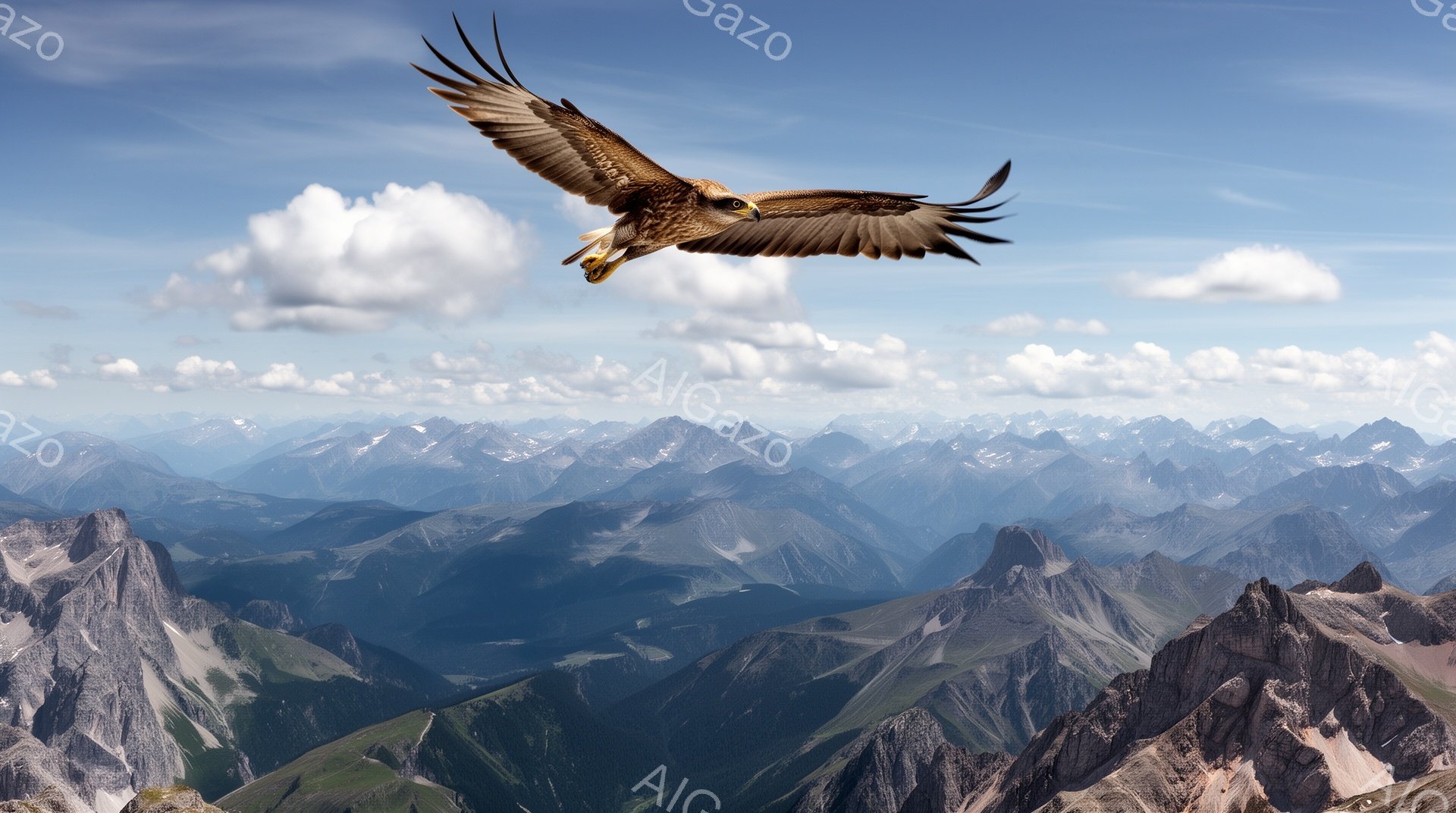 険しい山々の背景を背景に、巨大な猛禽類が翼を広げて飛んでいる。太陽の光が鳥の羽毛を照らし、力強さと自由の感覚を強調している。青い空と白い雲が、この雄大な自然の風景をさらに引き立てている。 - AI生成フリー素材