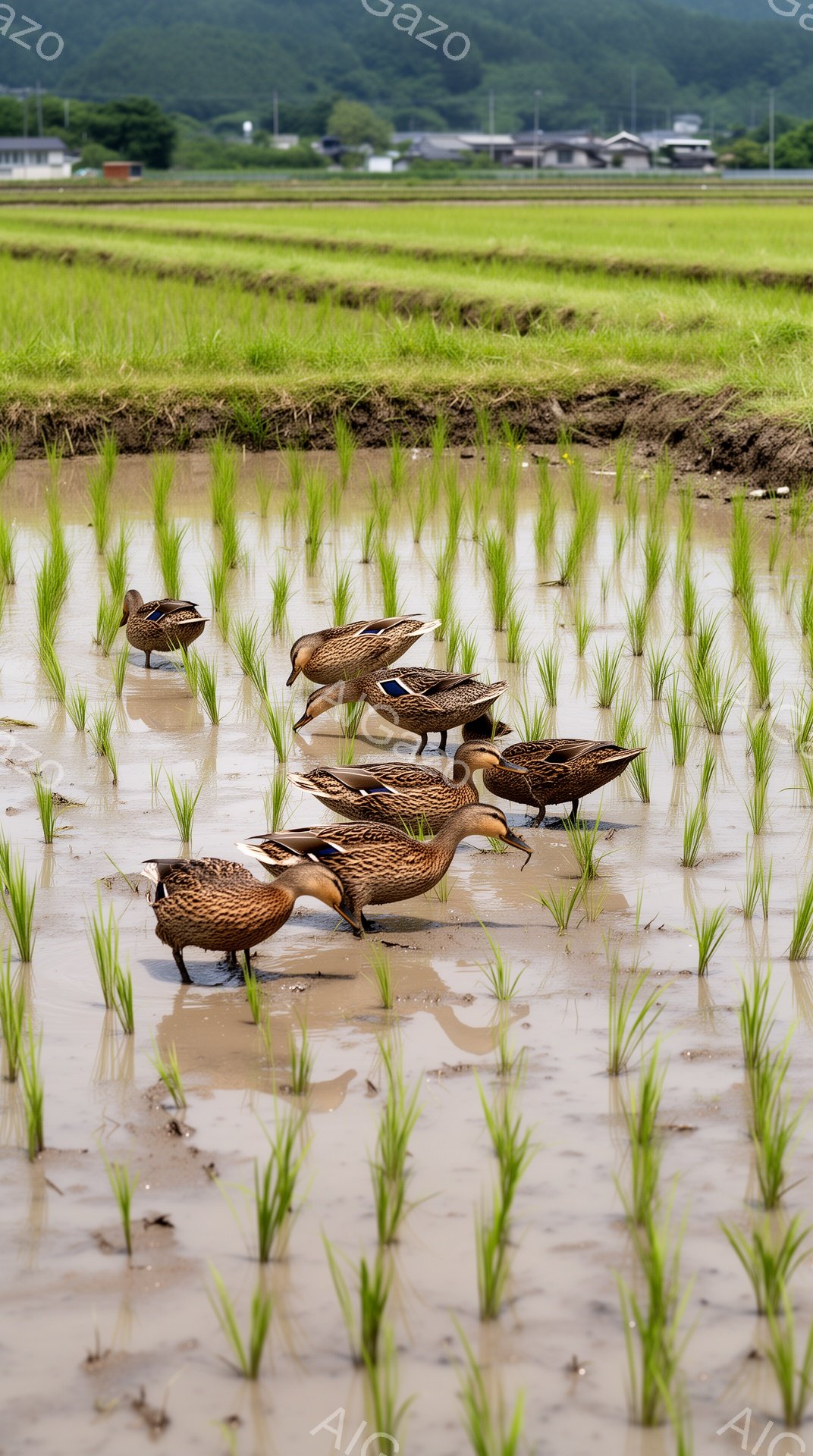 浅い水田の中で、数羽のアヒルが餌を探している。周りには若い稲の苗が植えられており、背景には山並みが見える。穏やかで静かな田園風景が広がっている。 - AI生成フリー素材