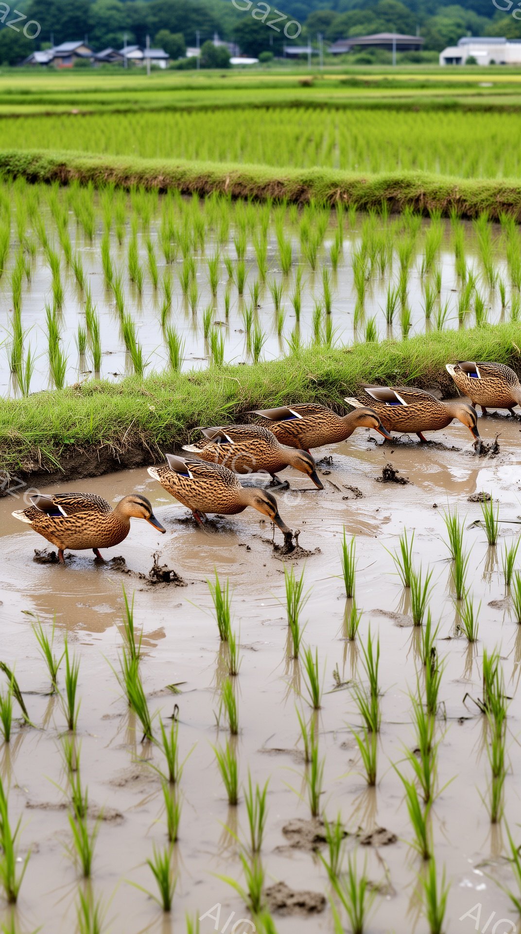 広大な水田で、アヒルたちが泥の中で餌を探している様子が捉えられています。緑色の苗が密集し、水面に反射して明るい光景を作り出しています。穏やかな雰囲気で、自然の恵みが感じられるシーンです。 - AI生成フリー素材
