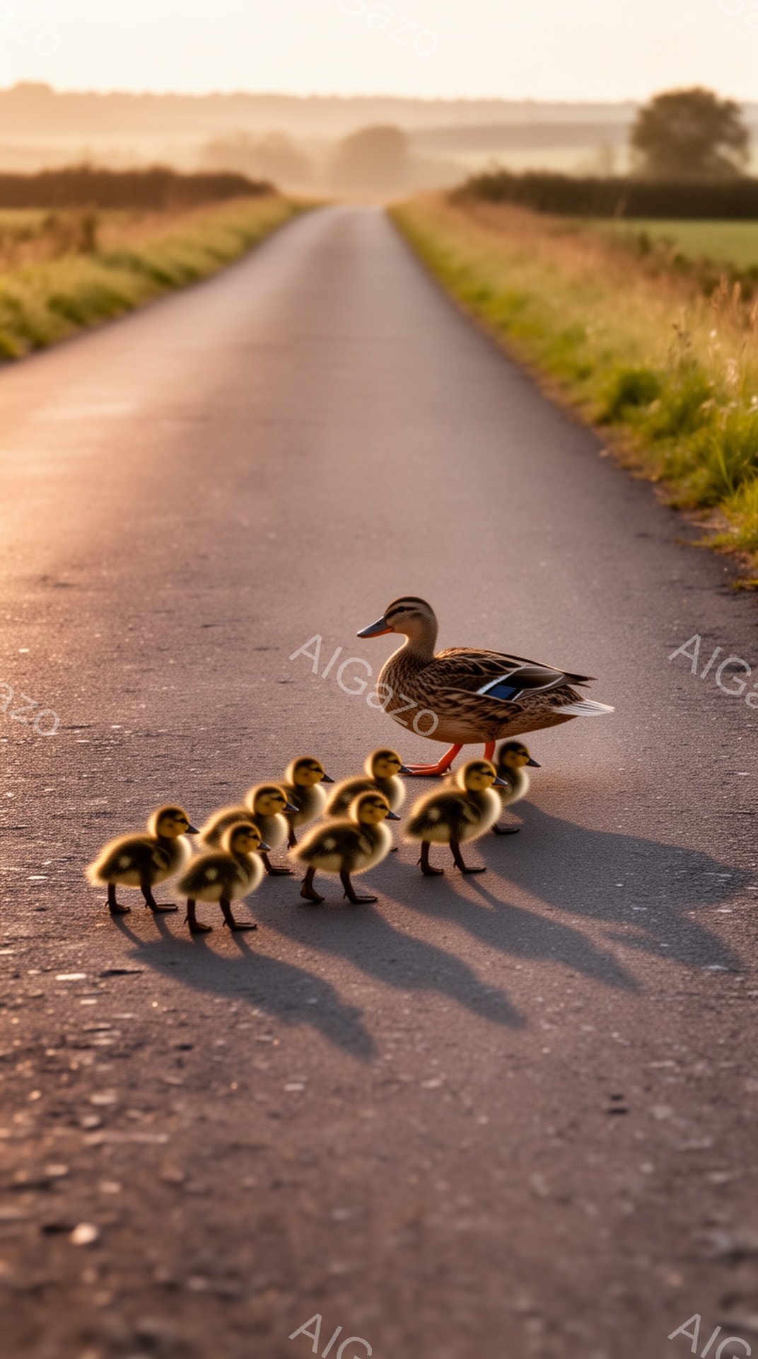 日没時の舗装道路を、母鴨とその子ガチョウが列になって歩いている。 黄金色の光が彼らに差し込み、長く影を落としている。 周囲は緑豊かな草地が広がっていて、穏やかで平和な雰囲気である。