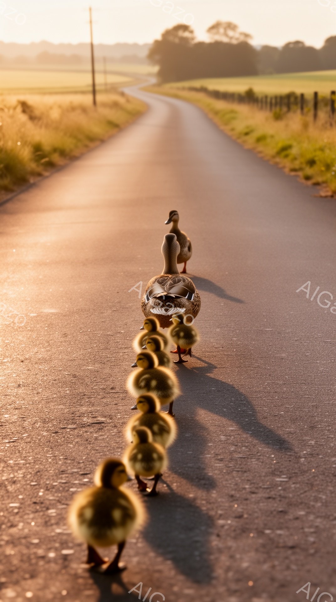 広大な田園風景に続く舗装路を、一列に並んだアヒルの親子が歩いている。夕日の光が路面に差し込み、アヒルの長い影が伸び、温かく穏やかな雰囲気を醸し出している。親鴨は先頭を歩き、後ろに小さなヒナたちがついていく姿は、愛情と平和を感じさせる。