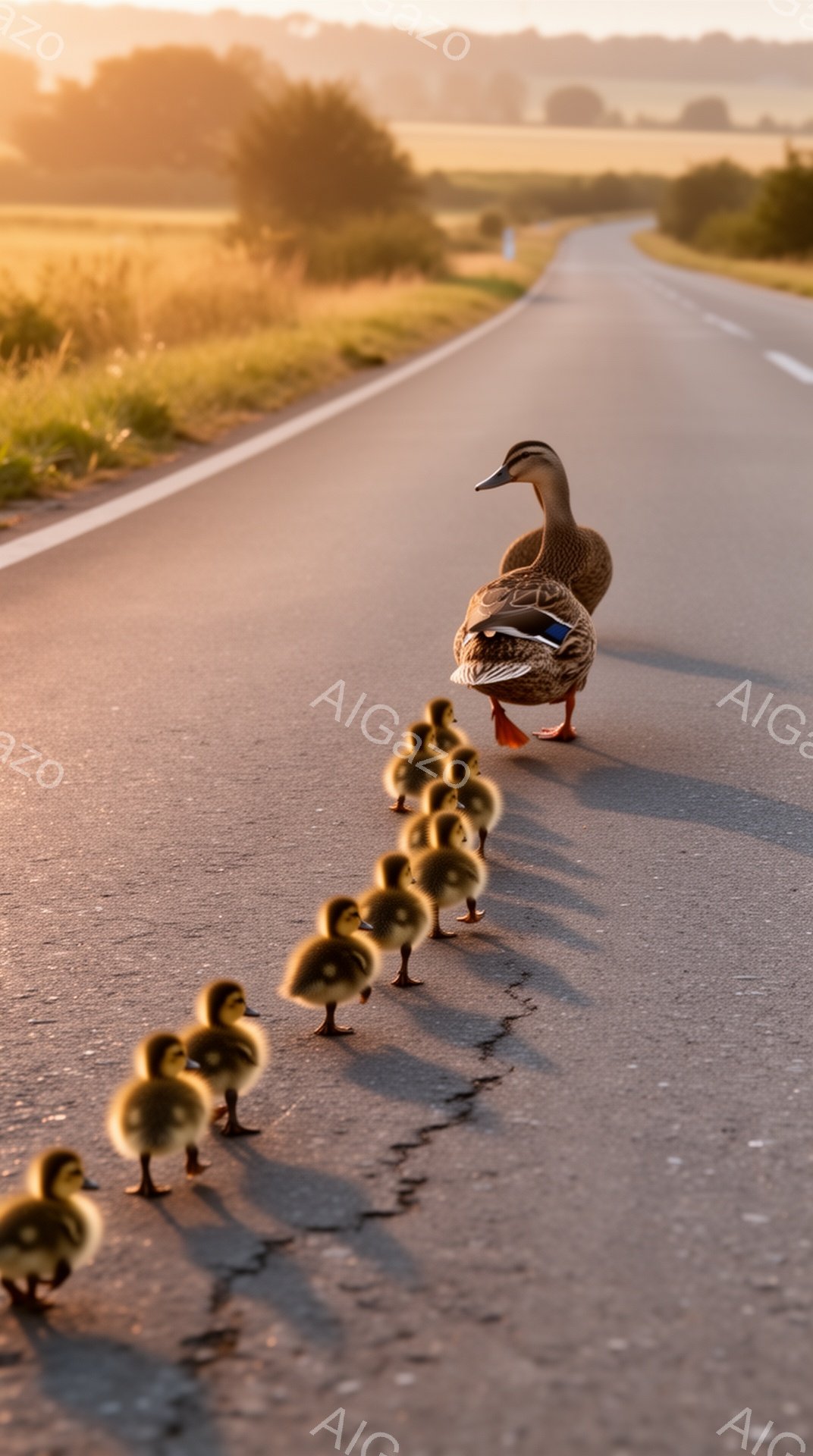 アヒルの母親が子アヒルの列を先導してアスファルトの道路を歩いている。夕暮れ時の柔らかな光が道と周囲の草地を照らし、温かく穏やかな雰囲気を作り出している。子アヒルの愛らしい姿が、平和で牧歌的な光景を強調している。