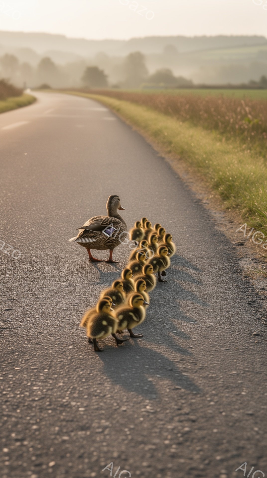 アスファルトの道の上を、一羽の親鴨と小さなヒナたちが一列に並んで歩いている。背景には緑の草地が広がり、穏やかで平和な雰囲気である。夕日の光が道を照らし、ヒナたちの影が長く伸びている。 - AI生成フリー素材