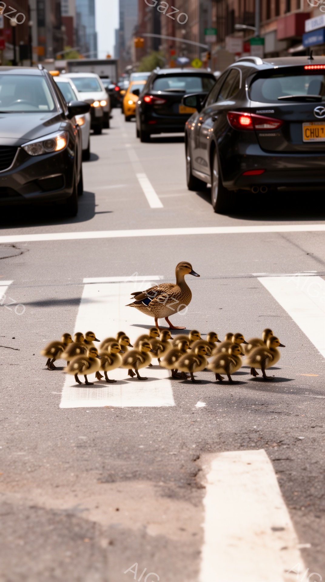 アスファルトの横断歩道に、母親アヒルとその雛たちが整然と並んでいる。背景には車が行き交い、都会の風景の中に自然の瞬間が捉えられている。暖かい日差しが、この心温まる光景をさらに引き立てている。