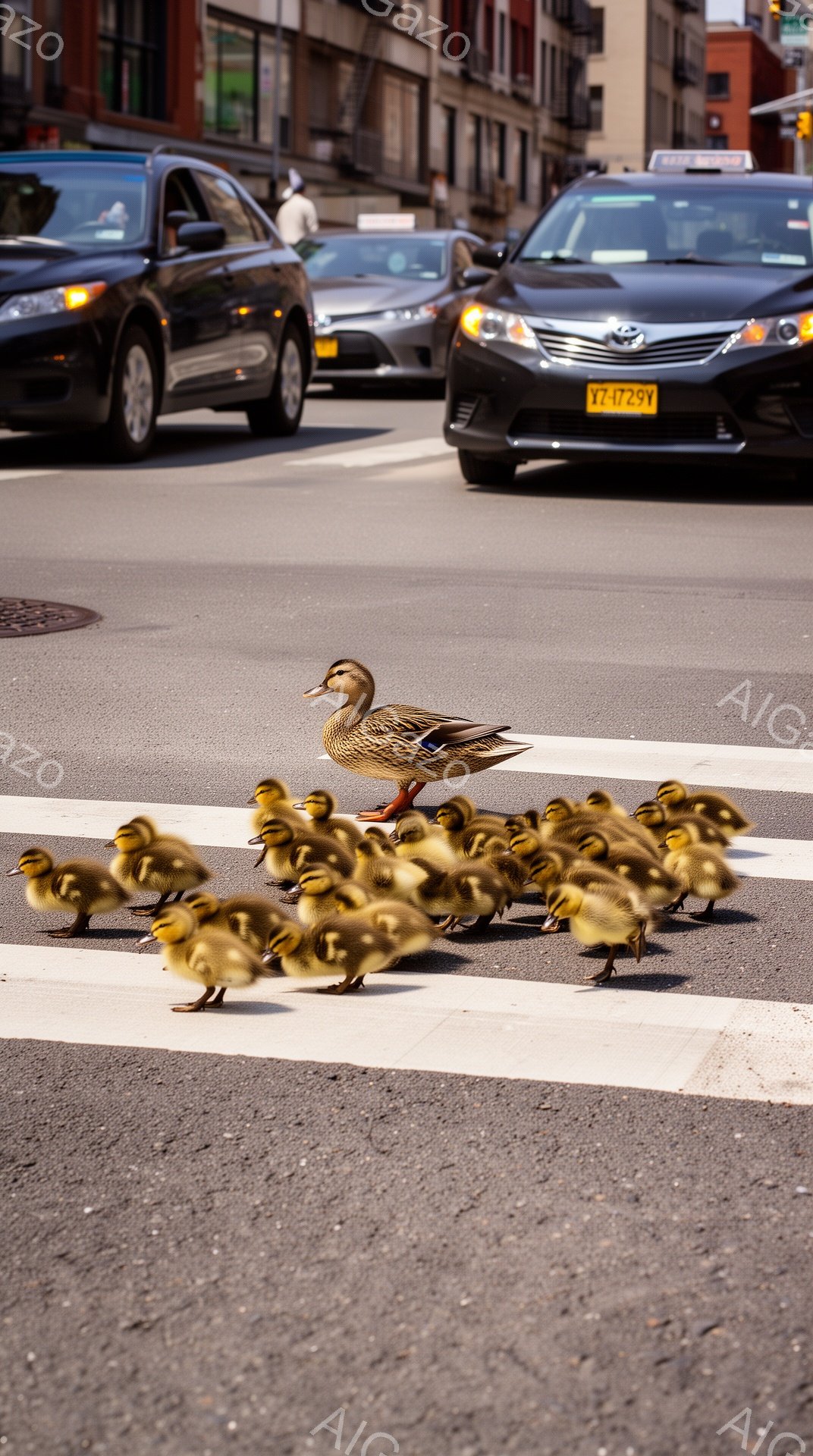 アヒルの母親が、子アヒルの群れを連れて横断歩道を渡っている。背景には交通量が多く、都市の風景が広がっている。子アヒルの可愛らしさと、母親の愛情深い姿が印象的だ。