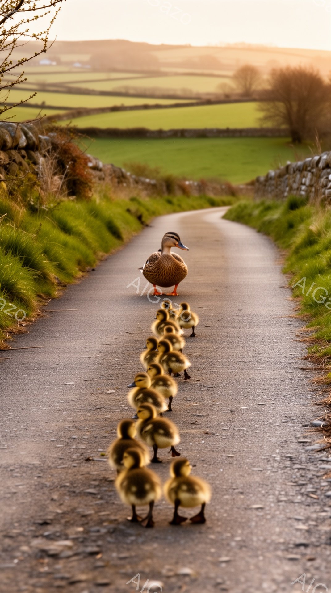 アヒルが子アヒルたちを先導して、緑豊かな田園風景の中の道を進んでいる。親アヒルは後ろを振り返らず、子アヒルたちは整列して母親の後ろを追いかけている。太陽光が差し込む穏やかな朝の光景で、希望と安らぎを感 - AI生成フリー素材