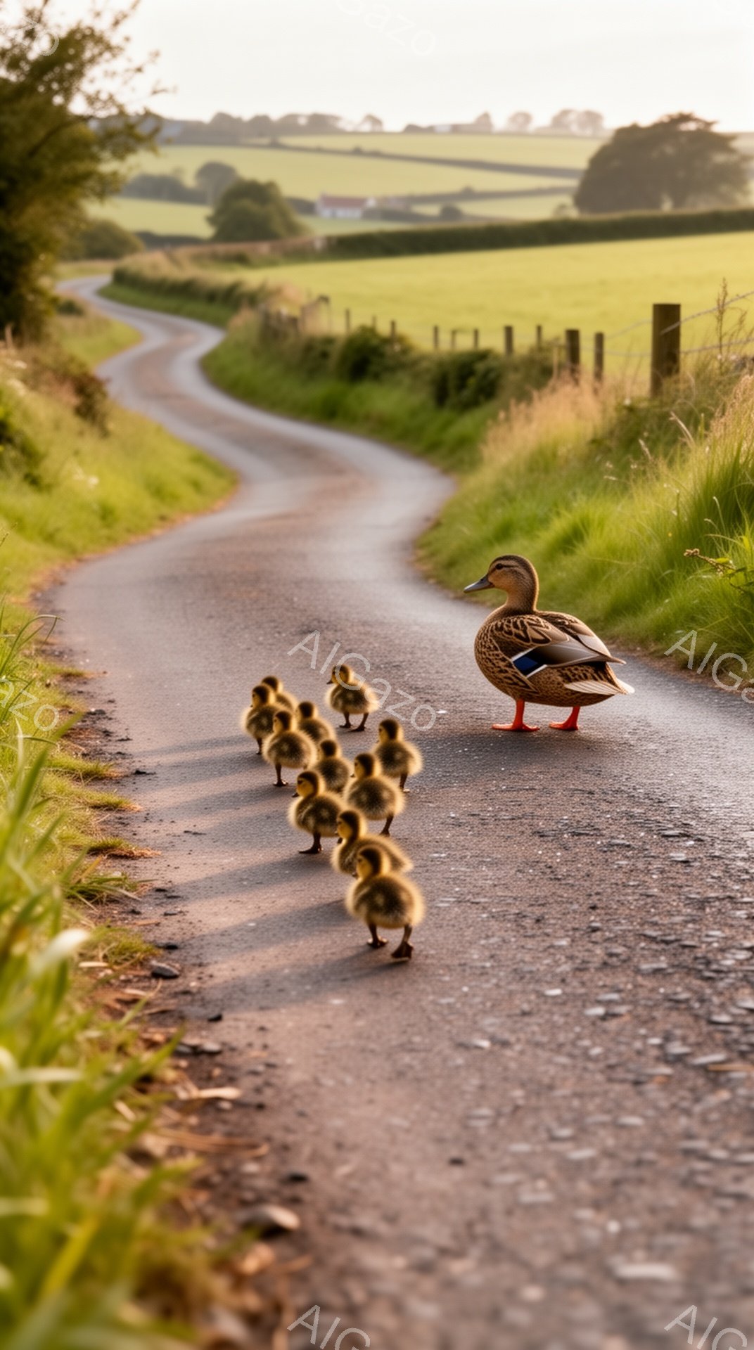 アヒルとそのヒナたちが田舎の道を一列に並んで歩いている。朝日または夕日の光が道を照らし、ヒナたちが母親の後ろに可愛らしくついて行っている様子が映し出されている。緑豊かな風景が背景に広がり、平和で穏やかな雰囲気を醸し出している。