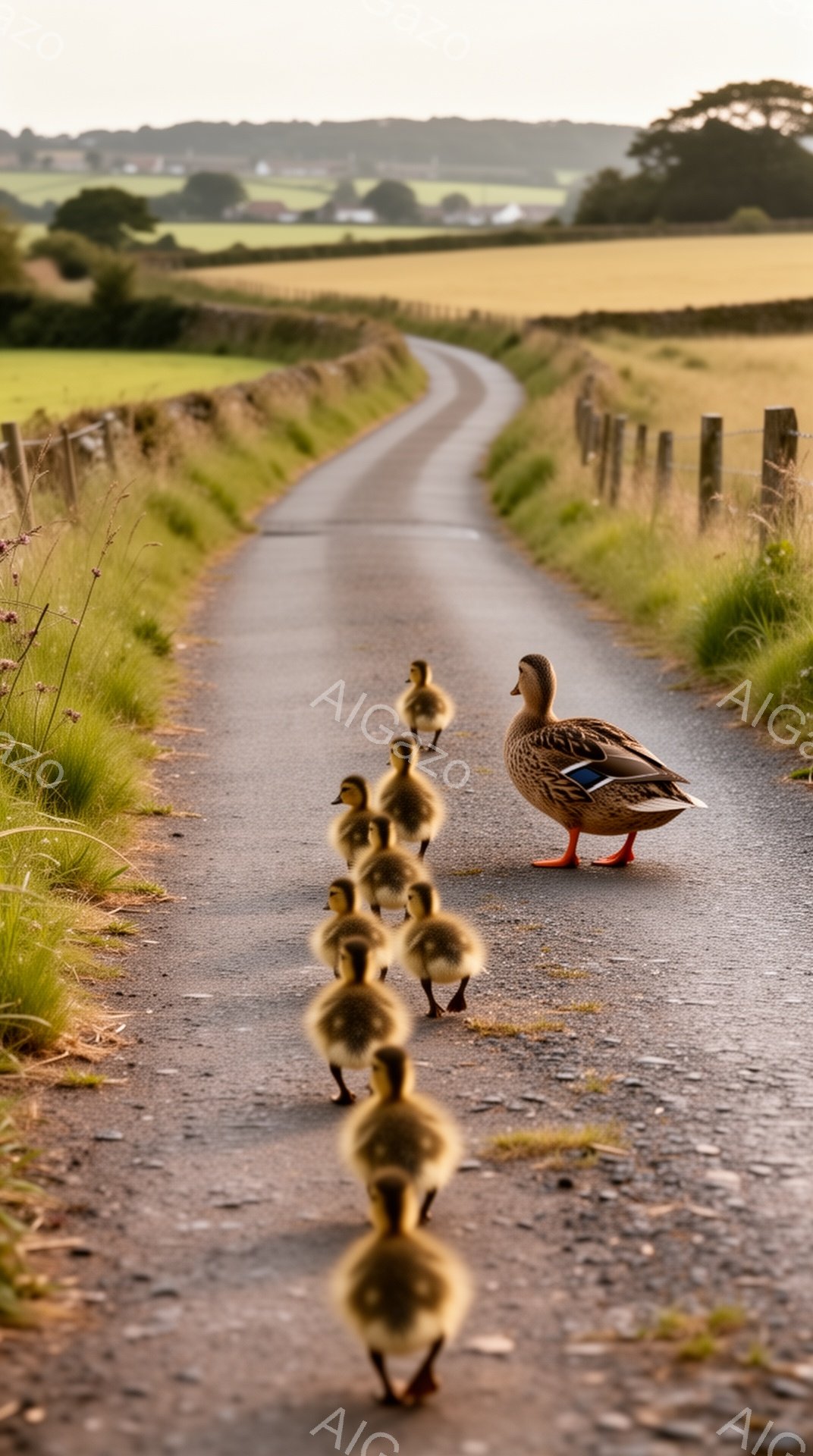 アヒルが一列になって、田舎道を歩いている。母アヒルが先頭で、後ろに子アヒルたちがついて行っている。背景には緑の草原と遠くの丘が見え、穏やかな雰囲気を感じさせる。