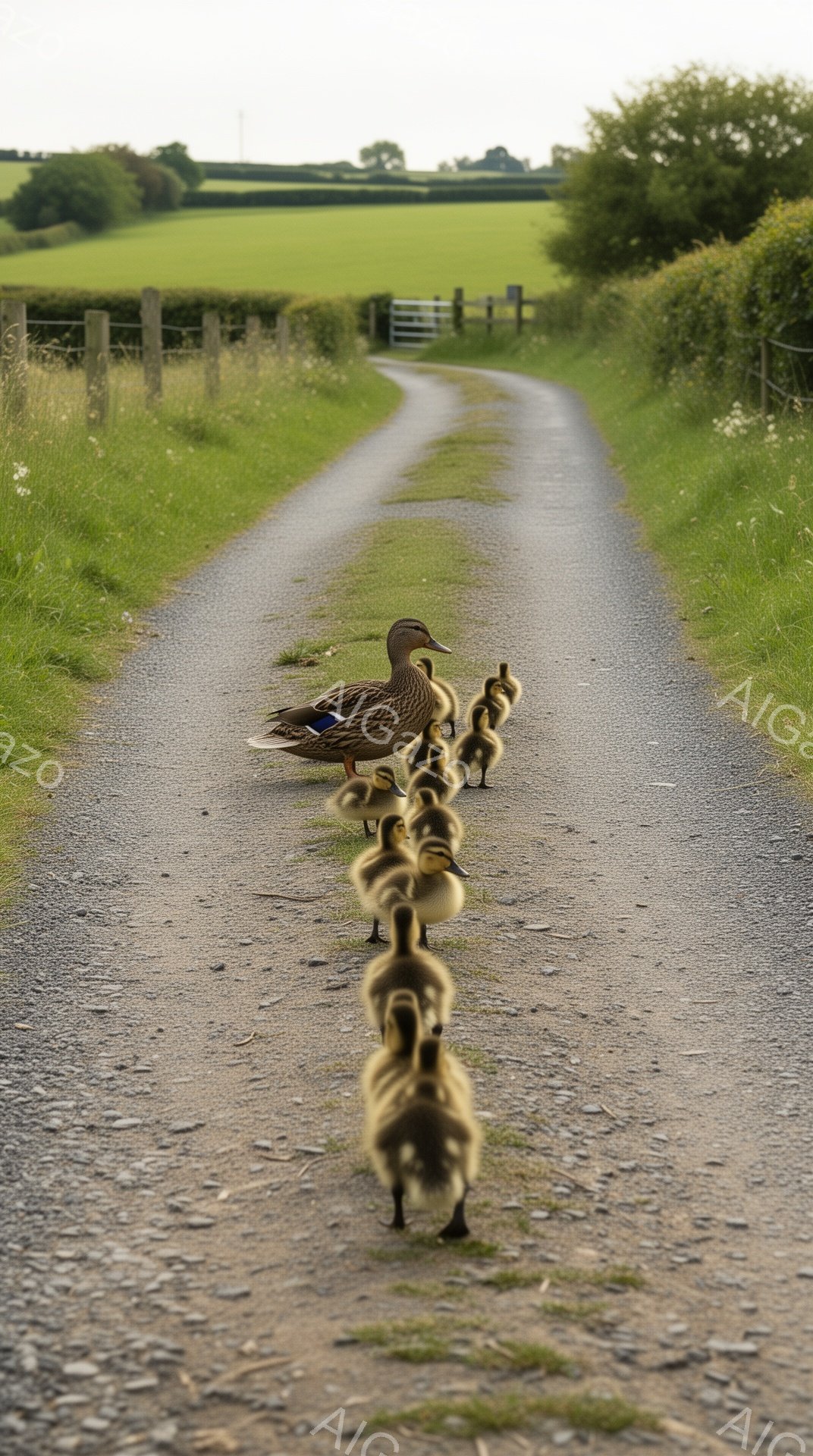 アヒル一羽が後ろに次々と続くヒナたちを連れて、砂利道を進んでいる。背景には緑豊かな草地が広がり、穏やかで平和な田園風景が広がっている。暖かい日差しが降り注ぎ、可愛らしい光景に心が和む。