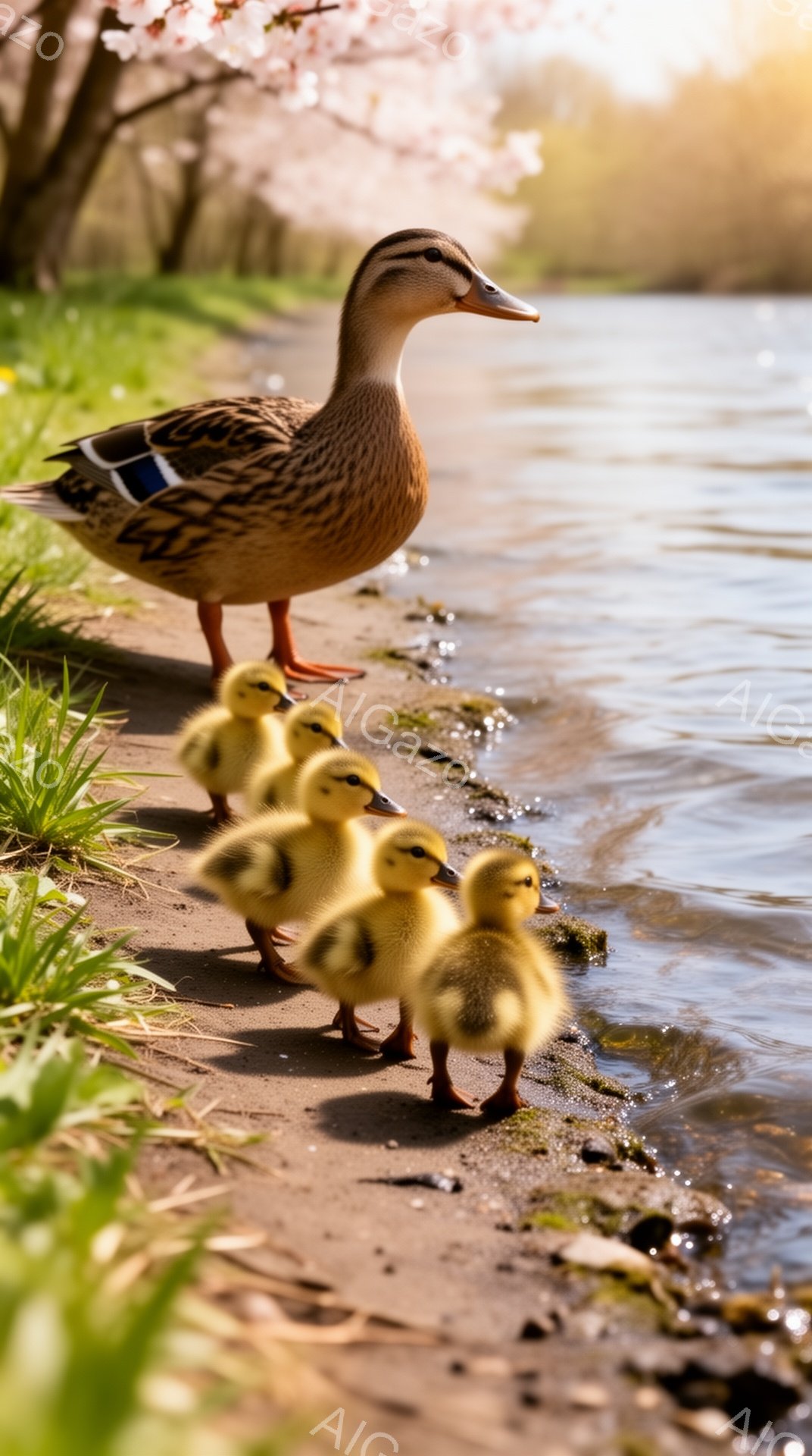 アヒルが子アヒルを連れて水辺を歩いている。母アヒルは先頭を歩き、小さな子アヒルたちは一列に並んで母の後に続いている。背景には春らしい桜の木が見え、穏やかな雰囲気を感じさせる。