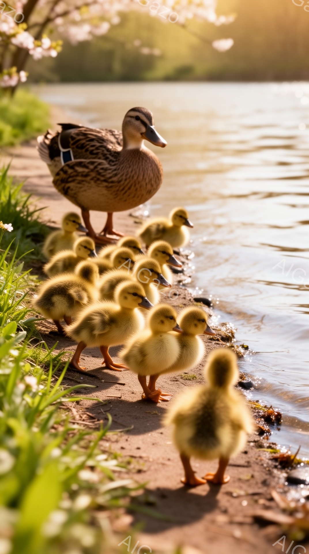 日当たりの良い川岸で、母鴨とその雛たちが一列に並んでいます。雛たちは黄色くふわふわしており、好奇心旺盛に前方を見つめています。背景には緑豊かな草木と、ぼやけた桜の花が咲き誇り、穏やかな春の雰囲気を醸し出しています。