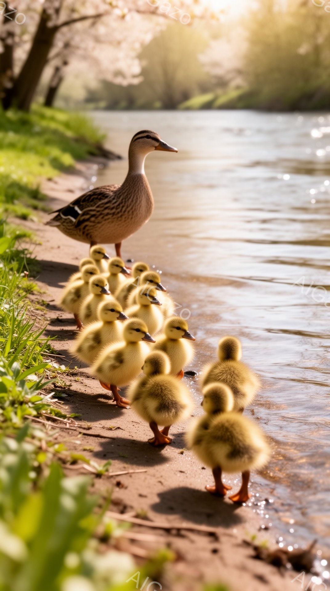 アヒルが可愛らしいヒナたちを連れて川岸を歩いている。ヒナたちは黄色くてふわふわしており、母親に続いて一列に並んでいる様子が愛らしい。背景には緑豊かな植物と光が差し込む水面が広がっており、穏やかで温かい雰囲気が漂っている。