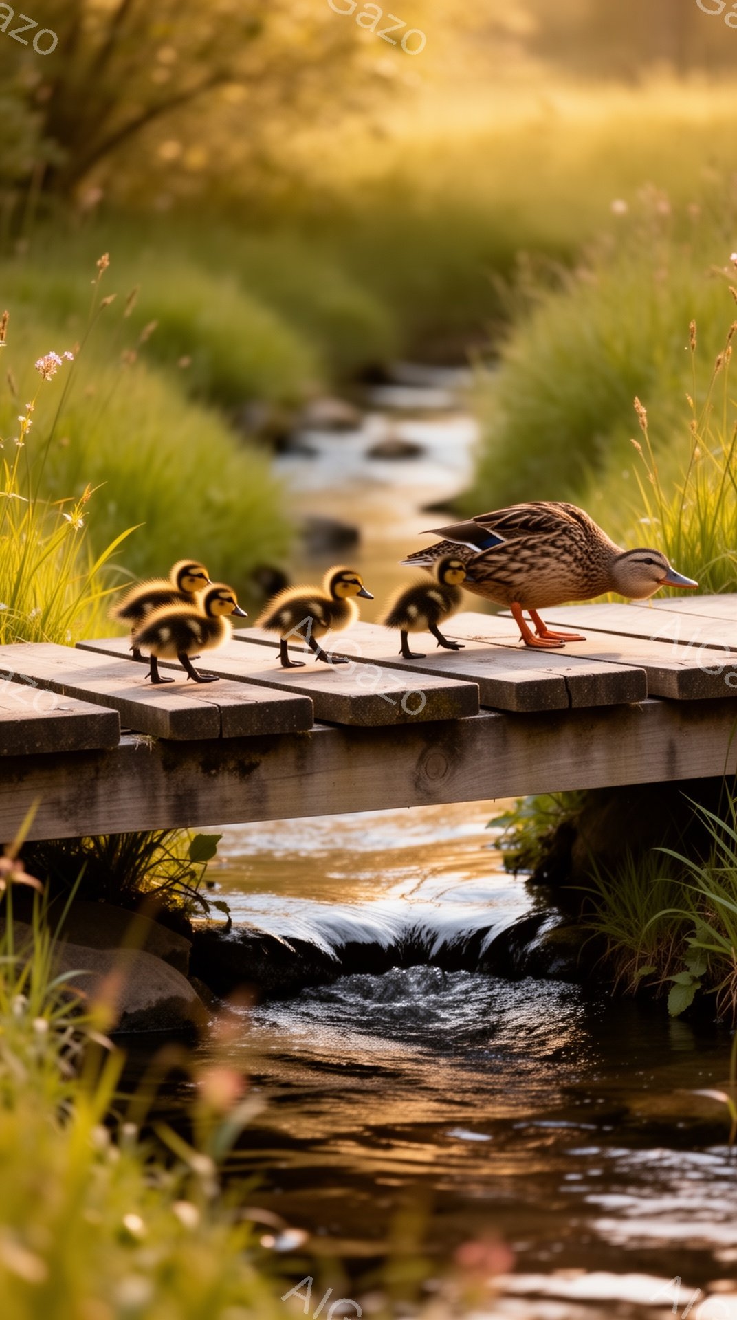 アヒルの母親が、子アヒルの列を連れて木製の橋を渡っている。背景には緑豊かな草が生い茂り、水面は穏やかに輝き、夕暮れ時の暖かい光が全体を包み込んでいる。平和で穏やかな自然の光景である。 - AI生成フリー素材