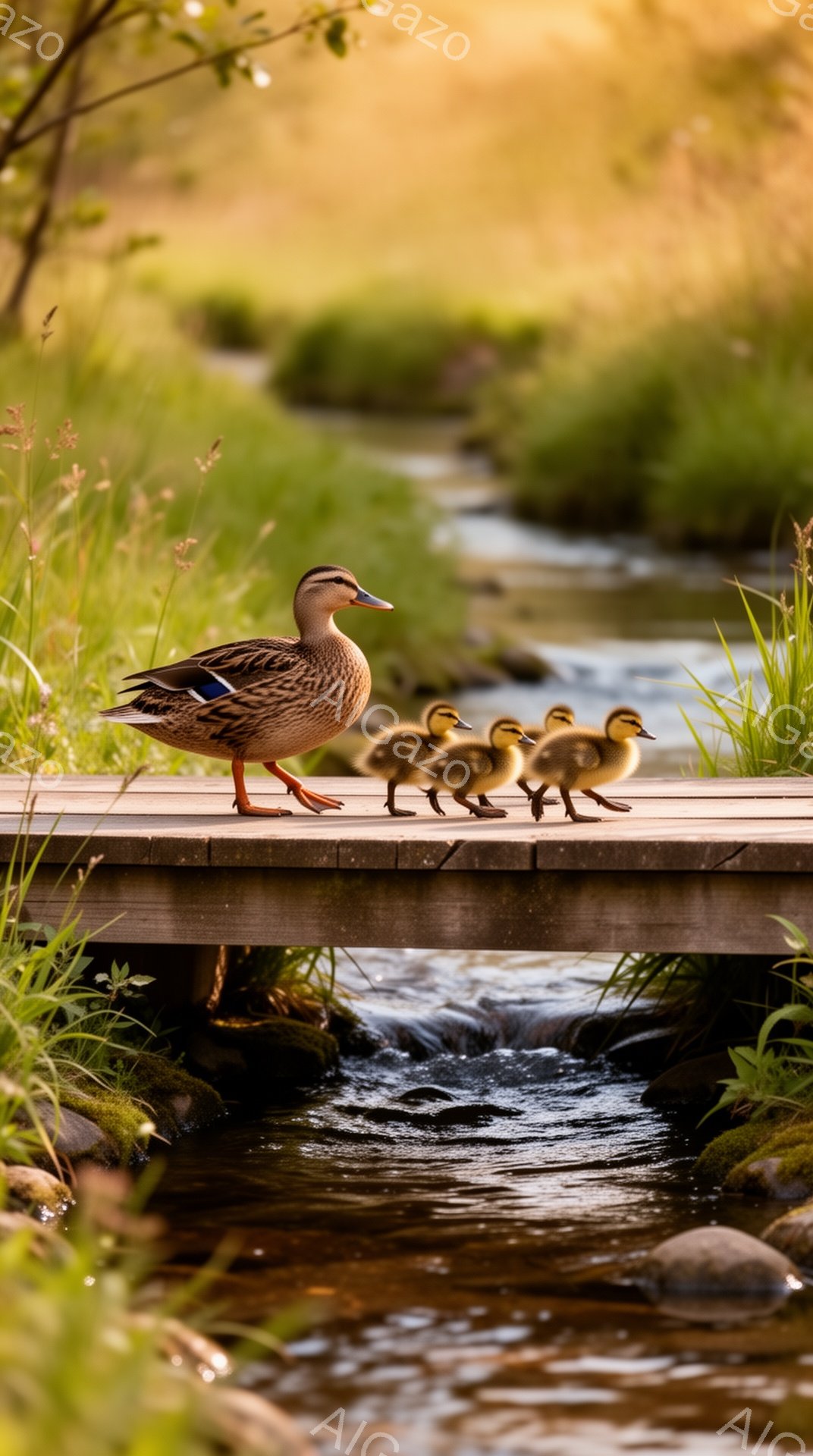 母鴨と可愛らしいひな鳥たちが、木製の橋の上を歩いている。背景には緑豊かな草が生い茂り、水面がキラキラと輝いている。穏やかな春の日の、温かく優しい雰囲気の写真だ。