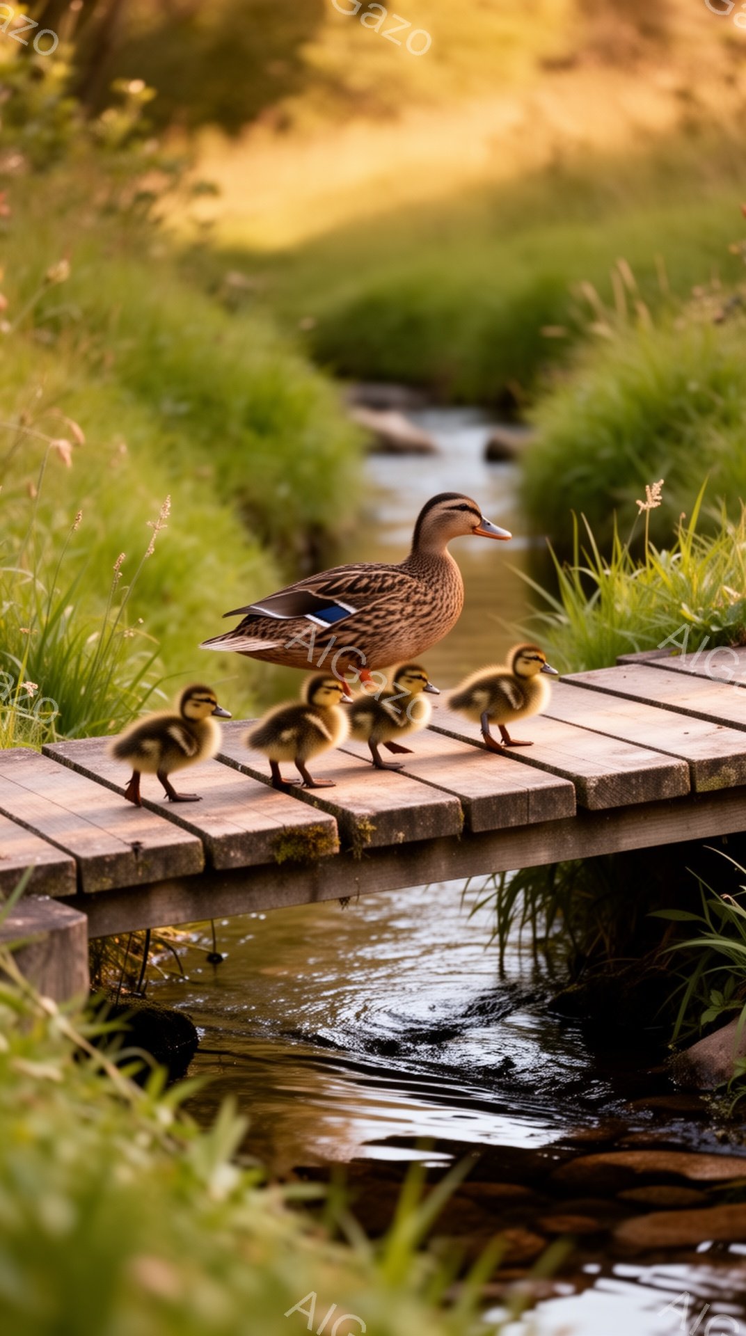アヒルが一列になって木製の橋の上を歩いている。親アヒルは先頭を歩き、その後に可愛いひなアヒルたちが並んでいる。背景には緑豊かな草地と水流が広がり、穏やかな雰囲気が漂っている。 - AI生成フリー素材