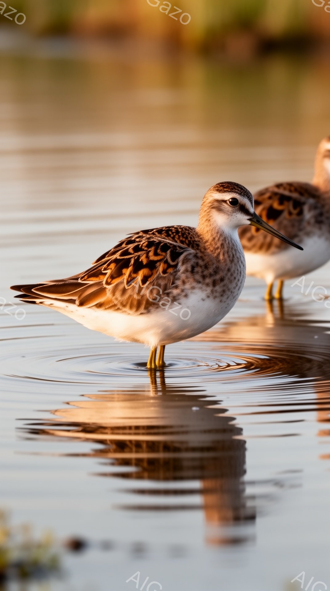 湿地で水面を歩く鳥が写っている。その鳥は茶色と白の美しい模様を持ち、水面にはその姿が反射して鏡のような景色を作り出している。穏やかな光の中で、鳥は静かに餌を探している様子がうかがえる。 - AI生成フリー素材