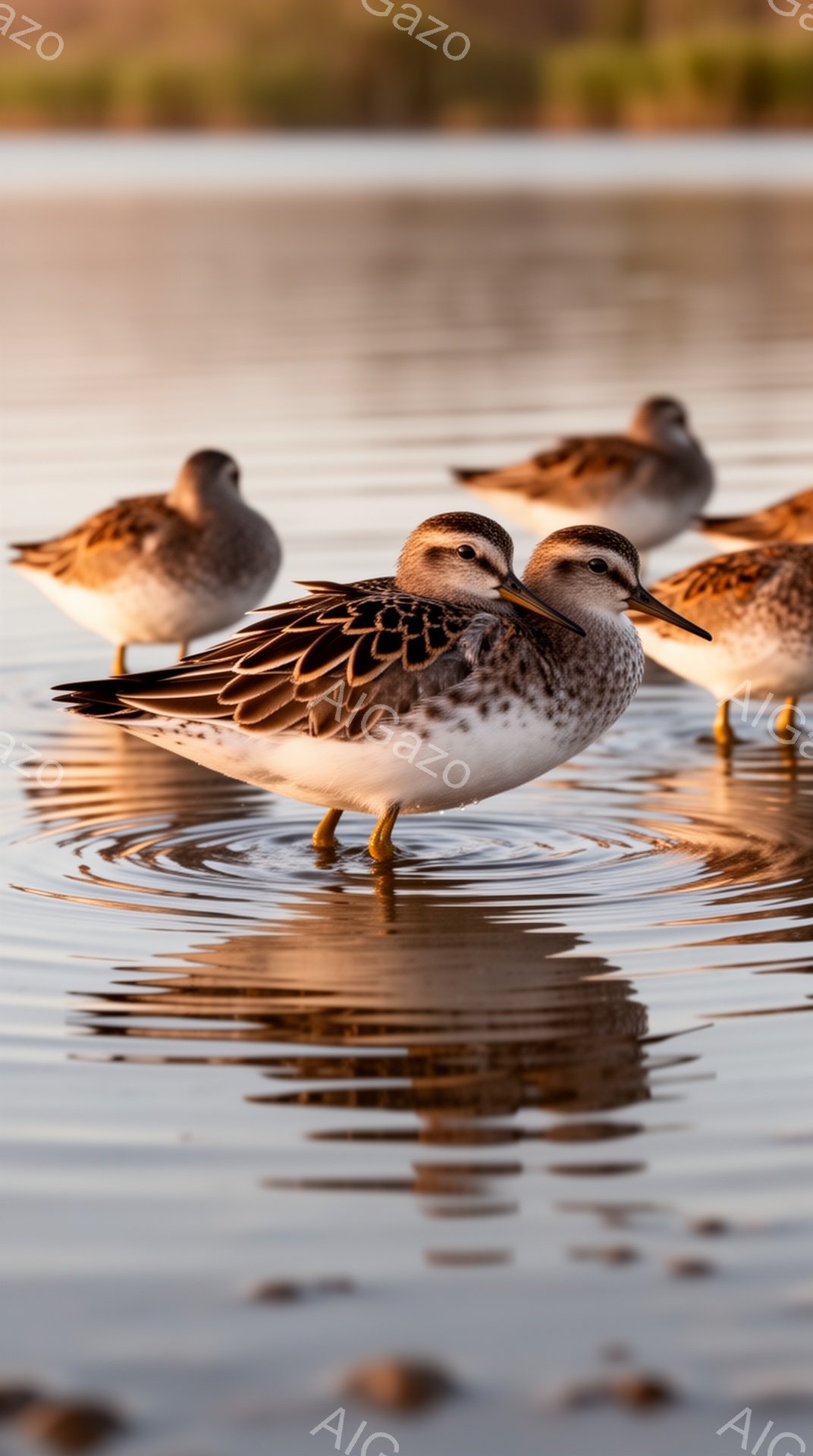 穏やかな水面を歩く水鳥が複数羽写されています。光が水面に反射し、金色に輝く美しい光景です。鳥たちはリラックスした様子で、静かな時間を過ごしているように見えます。 - AI生成フリー素材