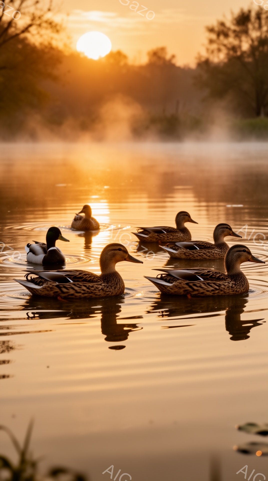 早朝の穏やかな湖面を、マガモたちがゆったりと泳いでいる。朝日が水面に反射し、幻想的な光景を作り出している。水蒸気が立ち込め、静寂な雰囲気をさらに高めている。