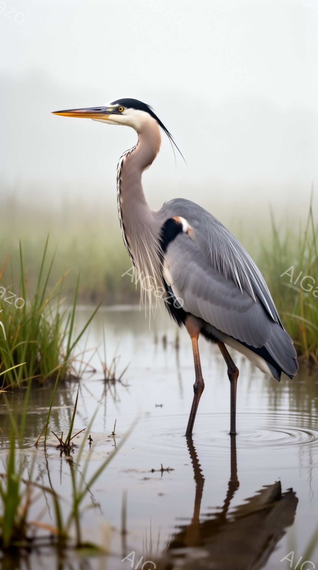 浅瀬に立つササオロドリが描かれている。青灰色の羽と長い首、そして鋭い嘴が特徴的で、水面に映る姿も美しい。周囲には草が生い茂り、霧がかかったような柔らかな光が全体を包み込んでいる。 - AI生成フリー素材